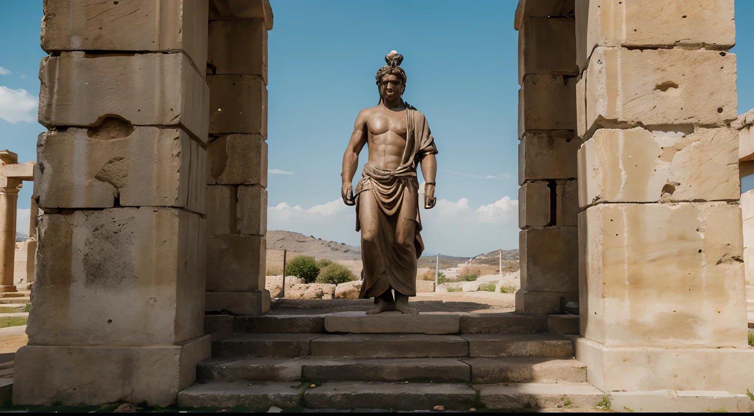 Ancient Stoic Statue With Very Angry Expression, tem barba, muitos detalhes em ambos os olhos, Outside, fundo atenas grego, open sky, com rosto extremamente detalhado full body view, Colors with low saturation with dark tone, Filmado em Sony A7S III com Sony FE 35mm f/1.8, 12.1 MP, --AR 3:2 --estilo cru