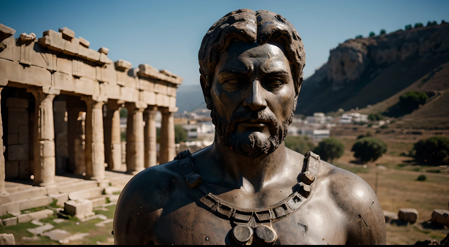 Ancient Stoic Statue With Very Angry Expression, tem barba, muitos detalhes em ambos os olhos, Outside, fundo atenas grego, open sky, com rosto extremamente detalhado full body view, Colors with low saturation with dark tone, Filmado em Sony A7S III com Sony FE 35mm f/1.8, 12.1 MP, --AR 3:2 --estilo cru