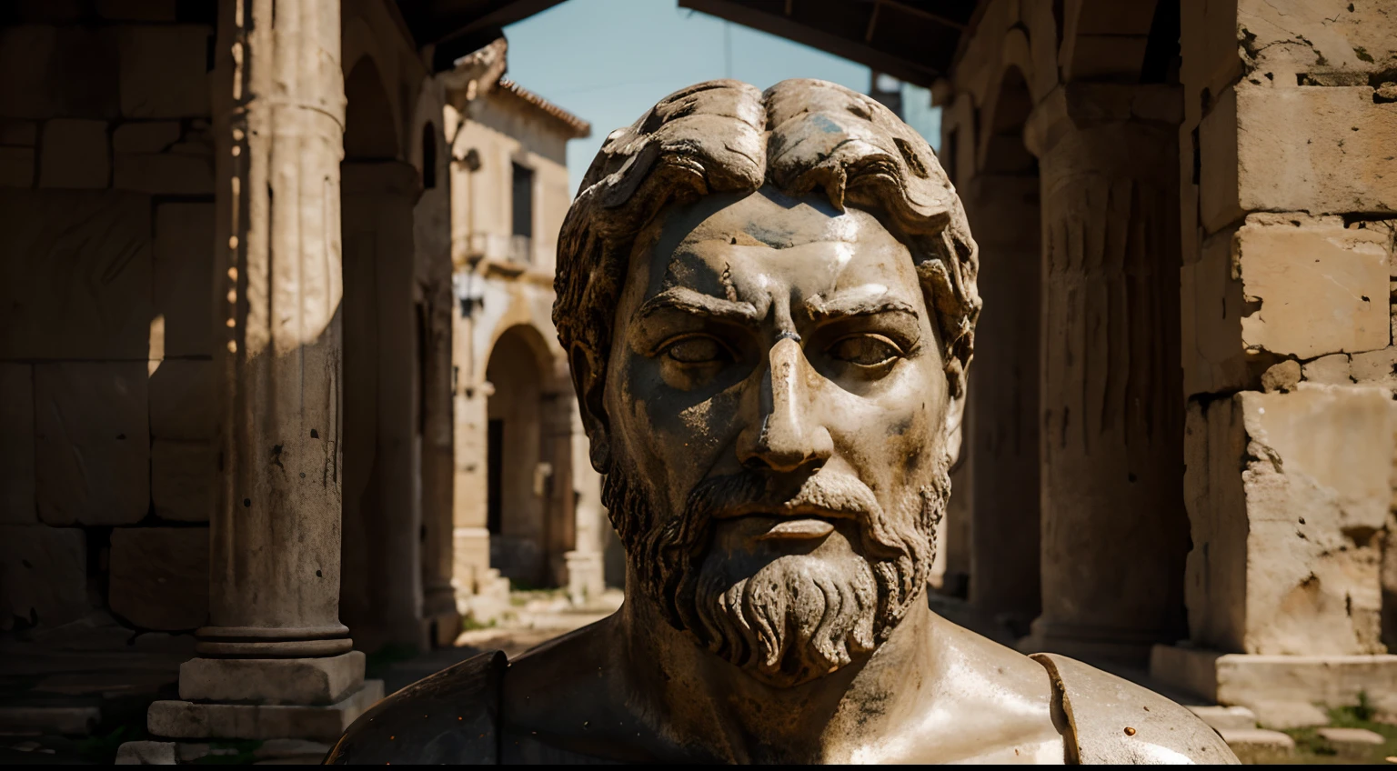 Ancient Stoic Statue With Very Angry Expression, tem barba, muitos detalhes em ambos os olhos, Outside, fundo atenas grego, open sky, com rosto extremamente detalhado full body view, Colors with low saturation with dark tone, Filmado em Sony A7S III com Sony FE 35mm f/1.8, 12.1 MP, --AR 3:2 --estilo cru