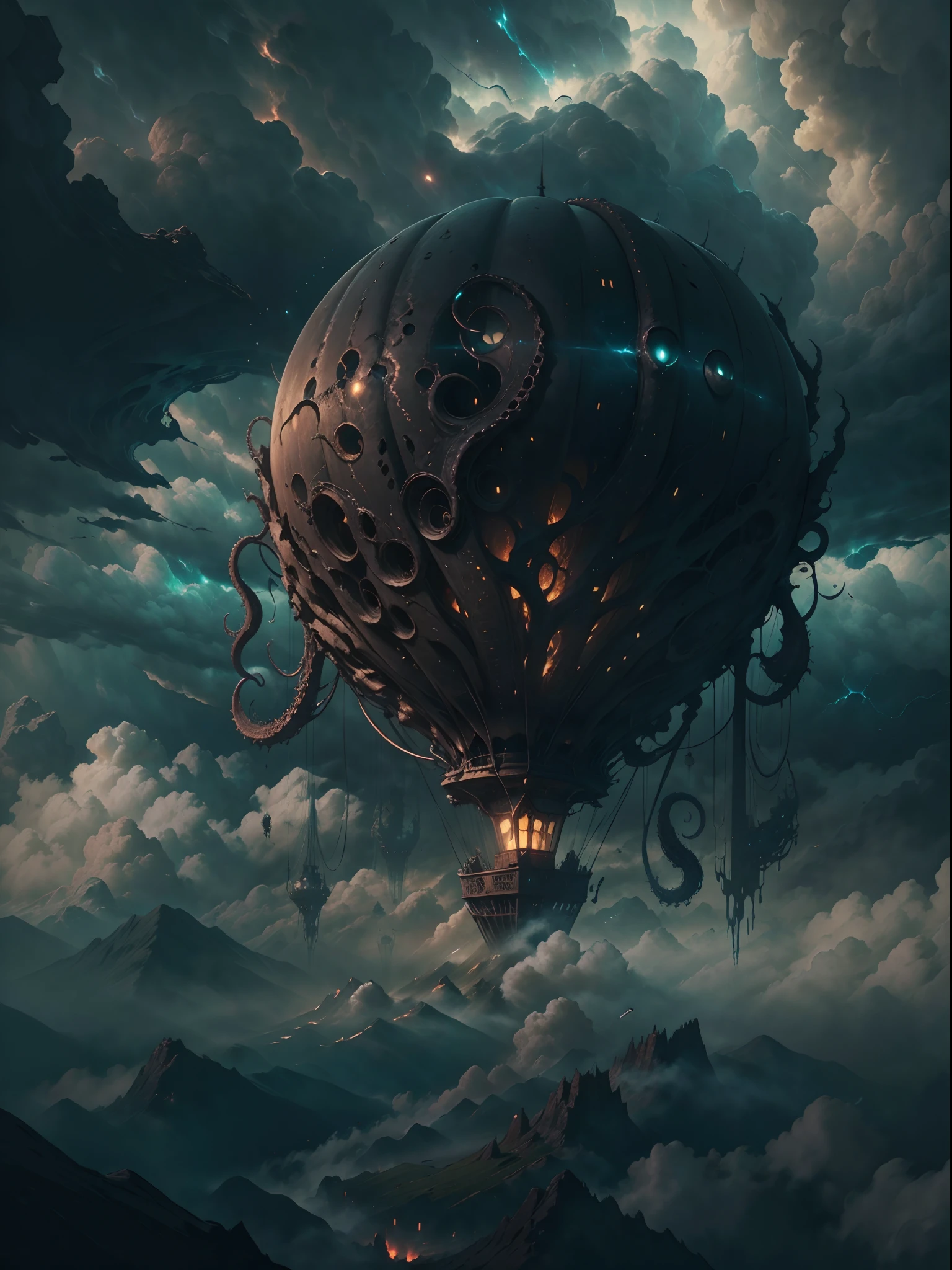 Close shot of a A hot air balloon flying above the clouds, glowing with otherworld energy,HP.lovecraft style, (best quality,4k,8k,highres,masterpiece:1.2), ultra-detailed, realistic:1.37, surreal dreamlike atmosphere, eerie lighting, ominous shadows, swirling mist, gothic aesthetic, ancient cosmic horror, otherworldly beings, tentacles emerging from the clouds, eldritch symbols, mysterious artifacts, arcane light illuminating the scene, dark and brooding colors, intense contrasts, hauntingly beautiful landscape, immense scale, foreboding sense of unease.