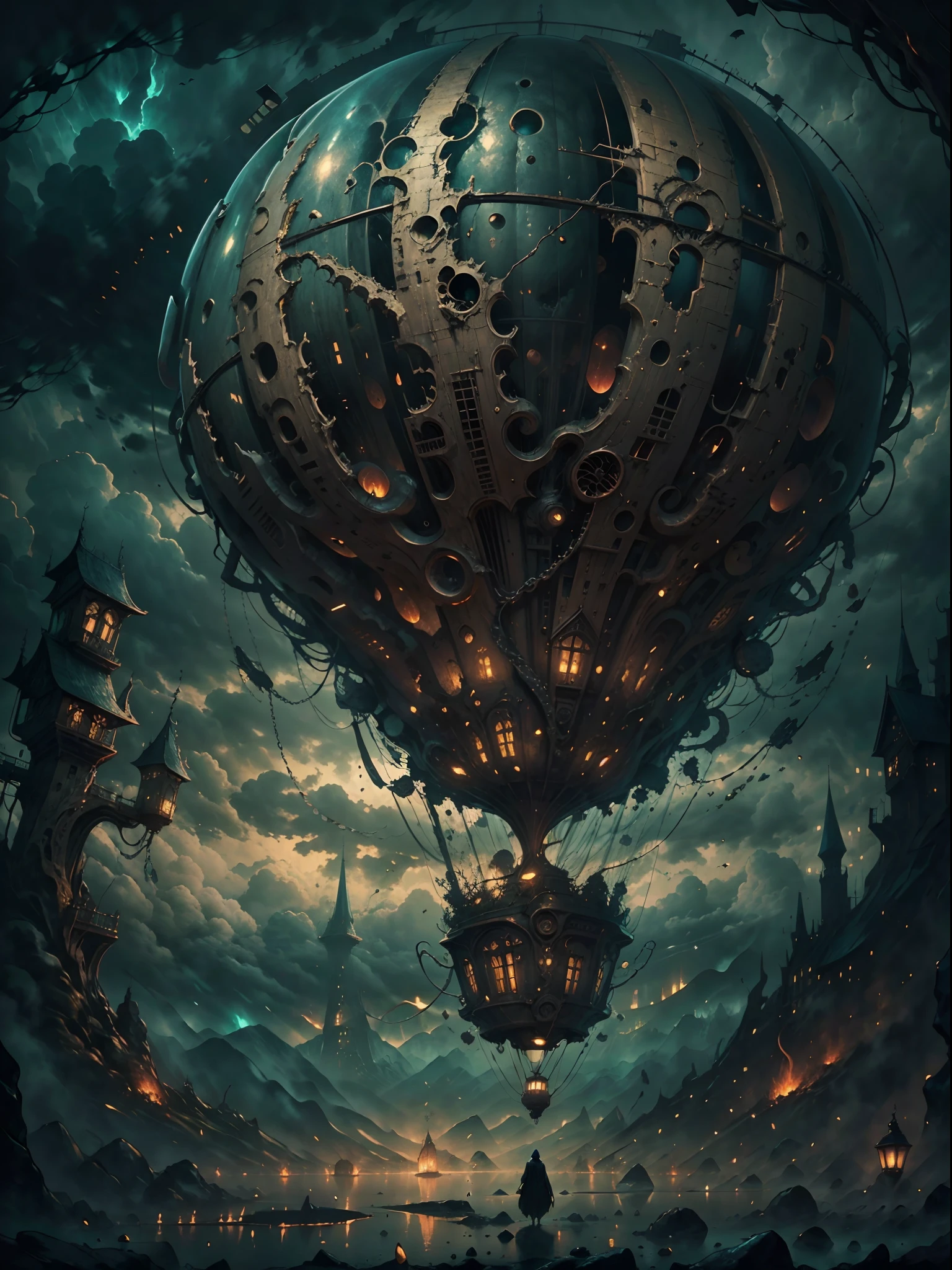 (best quality,highres,masterpiece:1.2),close shot image,giant hot air balloon,(HP.lovecraft style),(vivid colors,dark and mysterious atmosphere),ominous tentacles,floating in the sky,gloomy clouds,misty background,eerie lighting,lovecraftian details,elaborate design,attention to fine details,highly-detailed textures,menacing presence,otherworldly,unearthly landscape,disturbing beauty,intense atmosphere,magical realism,subtle surrealism,ethereal feeling,nostalgic elements,unusual perspective,dark fantasy,gothic horror elements,hauntingly beautiful composition,whimsical yet foreboding ambiance,labyrinthine structures,mysterious symbols,shadows and silhouettes,majestic and intimidating,awe-inspiring,grandiose scale,awe-inducing,sublime and surreal,spellbinding,mesmerizing and evocative.