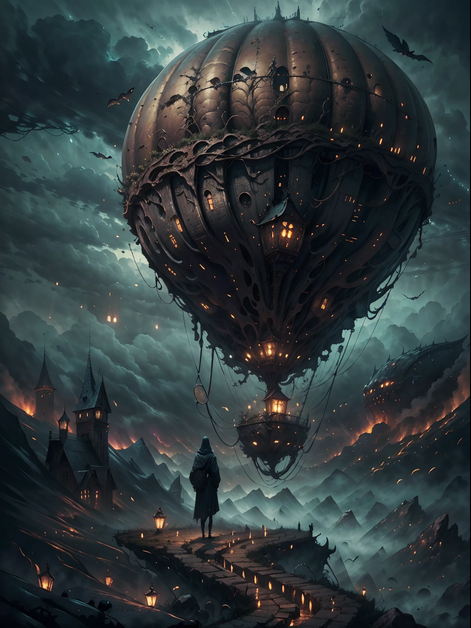 (best quality,highres,masterpiece:1.2),close shot image,giant hot air balloon,(HP.lovecraft style),(vivid colors,dark and mysterious atmosphere),ominous tentacles,floating in the sky,gloomy clouds,misty background,eerie lighting,lovecraftian details,elaborate design,attention to fine details,highly-detailed textures,menacing presence,otherworldly,unearthly landscape,disturbing beauty,intense atmosphere,magical realism,subtle surrealism,ethereal feeling,nostalgic elements,unusual perspective,dark fantasy,gothic horror elements,hauntingly beautiful composition,whimsical yet foreboding ambiance,labyrinthine structures,mysterious symbols,shadows and silhouettes,majestic and intimidating,awe-inspiring,grandiose scale,awe-inducing,sublime and surreal,spellbinding,mesmerizing and evocative.