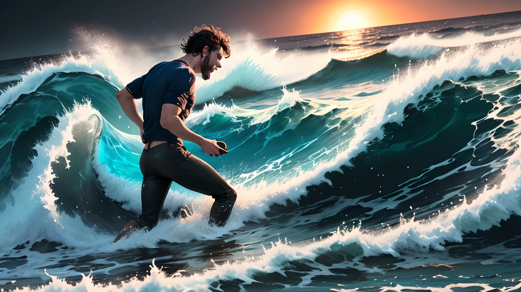 Homem nadando no oceano a noite