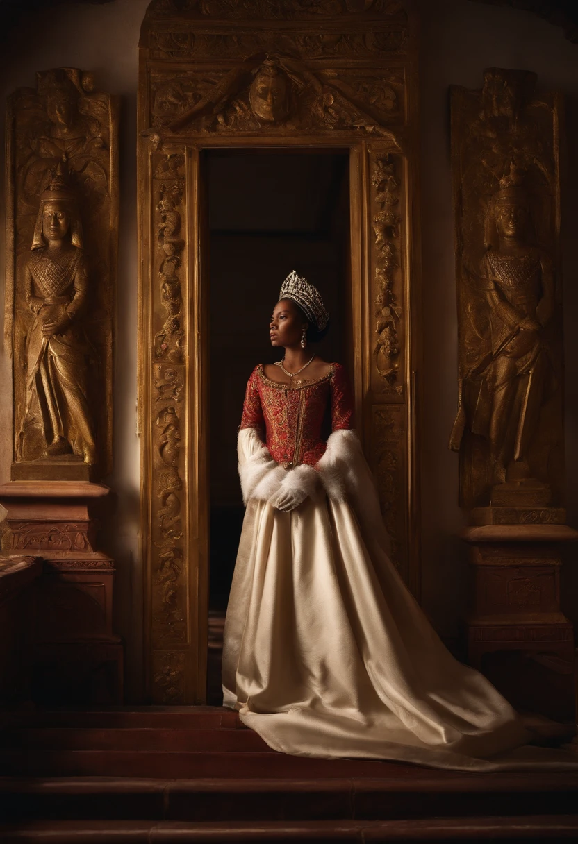 Visualize a dramatic scene where Blasian Queen Ranavalona III of Madagascar, in her castle on her knees, confronts French colonial soldiers. Soldiers should be depicted with white skin, dressed in French uniforms. The scene should look modern, as if it was photographed in our time, not like an old photo. The frame should clearly show that they are inside the queen's castle. No text on the image, please.