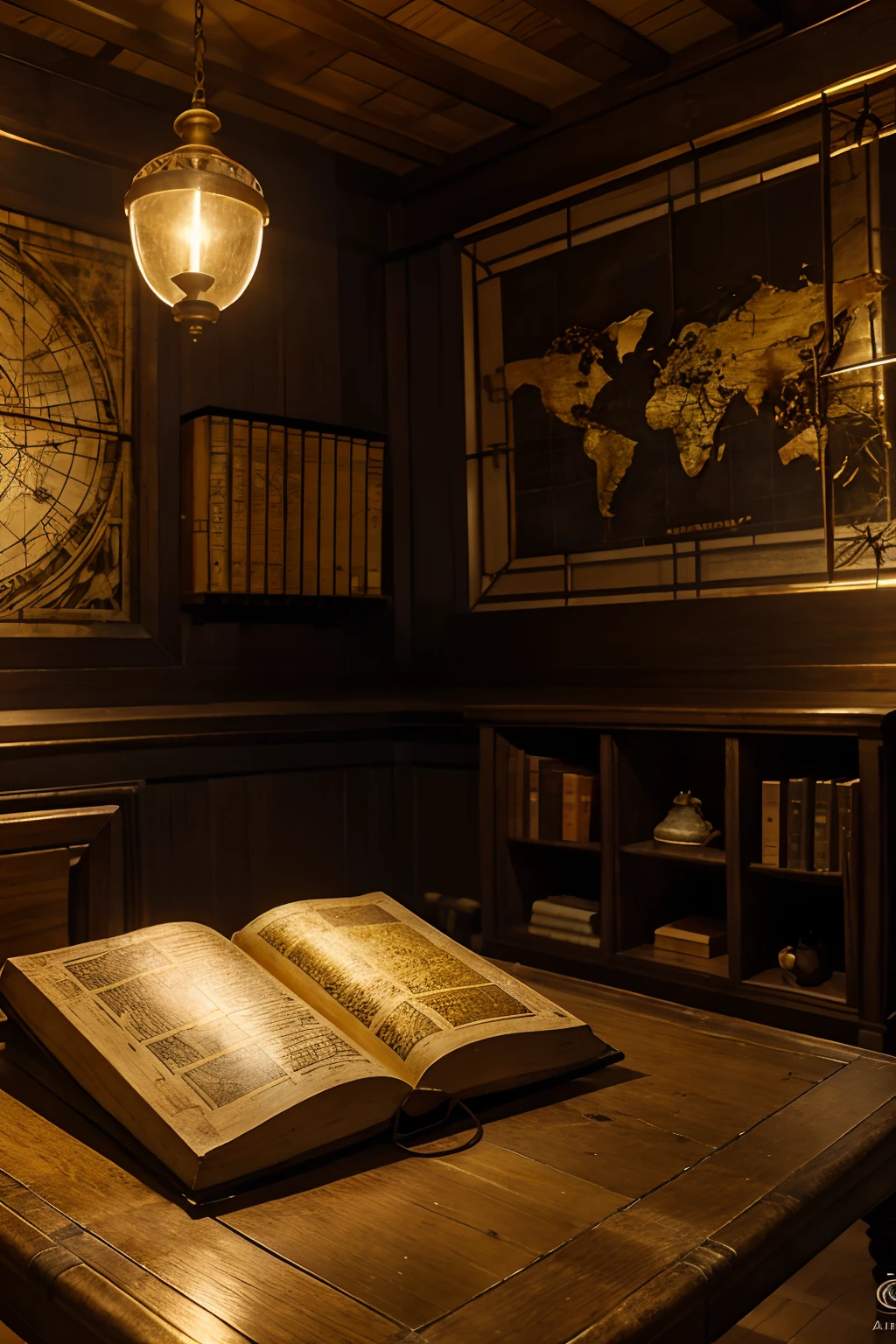 An old cartographer's studio housed in a dark wooden room, lit by a large stained glass window on the left. The stained glass window casts a multicolored glow on a large oak table, Where an unfinished world map is stretched. O mapa apresenta continentes e oceanos, But many regions are still empty or sketchy.

To the right of the table, There's a brass chandelier with candles almost at the end, that softly illuminate the space. Next to him, An antique compass and a pair of squares. Espalhadas pela mesa, tintas em potes pequenos, penas de escrever e rolinhos de pergaminho.

On the wall behind the desk, prateleiras cheias de pergaminhos enrolados, Antique Books & Measuring Instruments. Some old maps already complete hang from the wall, with gold accents and illustrations of mythical creatures in the oceans.

Ao fundo, um grande globo terrestre apoiado em uma base de madeira, com latitudes e longitudes gravadas, e com sinais de desgaste pelo tempo. Ao lado do globo, uma cadeira estofada antiga, where the cartographer would sit down to analyze their work.

This description can serve as inspiration for creating detailed artwork, Capturing the essence of the meticulous and mysterious work of cartography in ancient times.