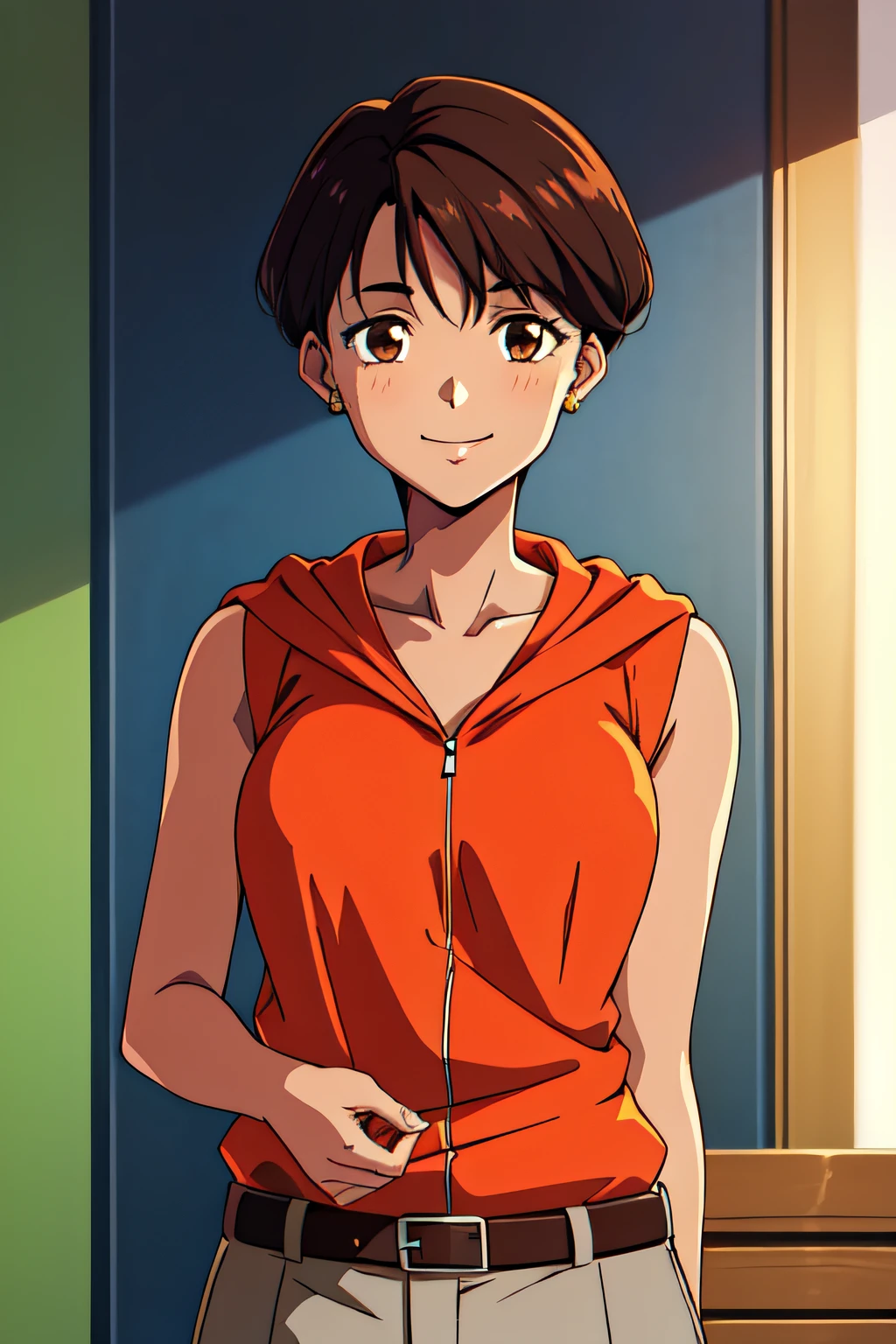 MIZUKITO, TAN, EARRINGS, ORANGE HOODIE, SLEEVELESS, GREY SHORTS, BELT, 1girl, solo, facing viewer, looking at viewer, upper body, smile.