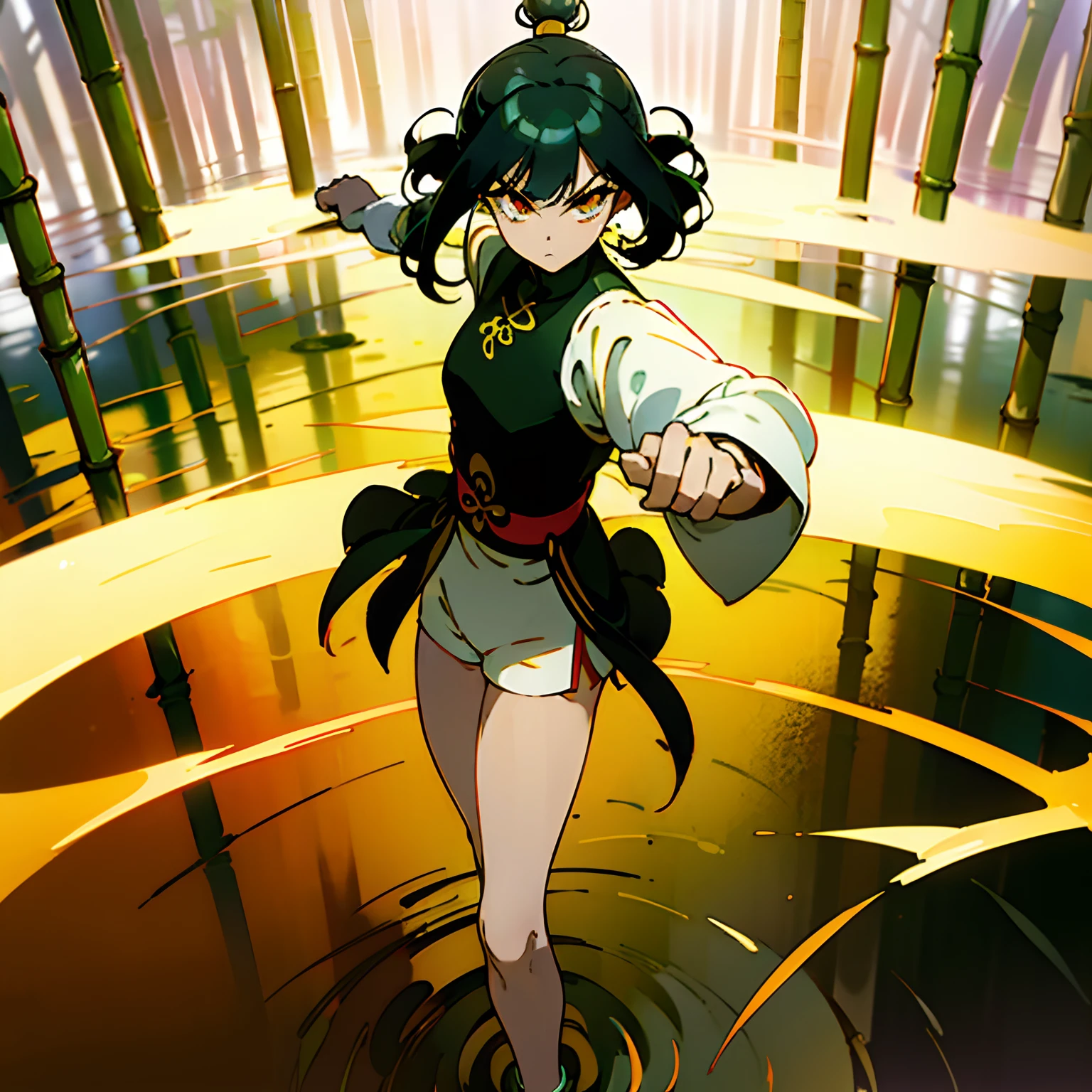 ((Masterpiece, solo, best quality, bamboo forest, river, splashing water, green cheongsam, two hair buns)), slim anime girl, ((slender body, young, kung fu pose, fists, clenched fists)), (very long eyelashes), asian skin, ((small breasts, gold trim, big sleeves, billowing sleeves)), white sleeves, ((black hair, green eyes, bangs, slim body, white monk shorts)), white shorts, black chinese kung fu shoes, (standing on one foot), angry face, (red eyeshadow)
