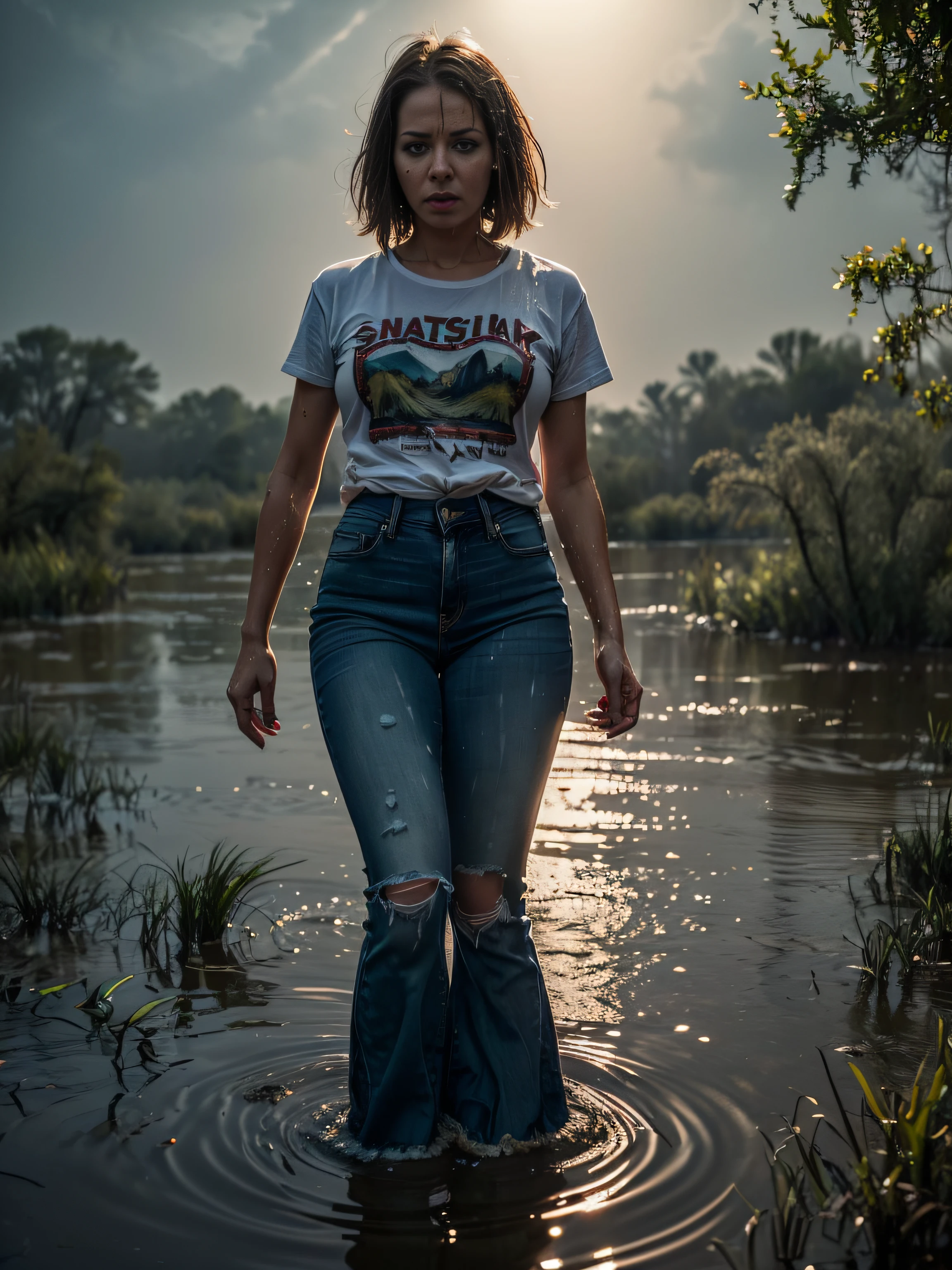 (Wide flares on jeans:1.2), (Clothes are soaked in water), (Best Quality,hight resolution,bokeh:1.2),The woman,Pronounced wrinkles,Bob haircut,Detailed eyes and face,Long stretched t-shirt,expression of despair,evening lighting,desperation,(Drowning in a swamp below the knee:1.4),(standingn:1.2), Posing
