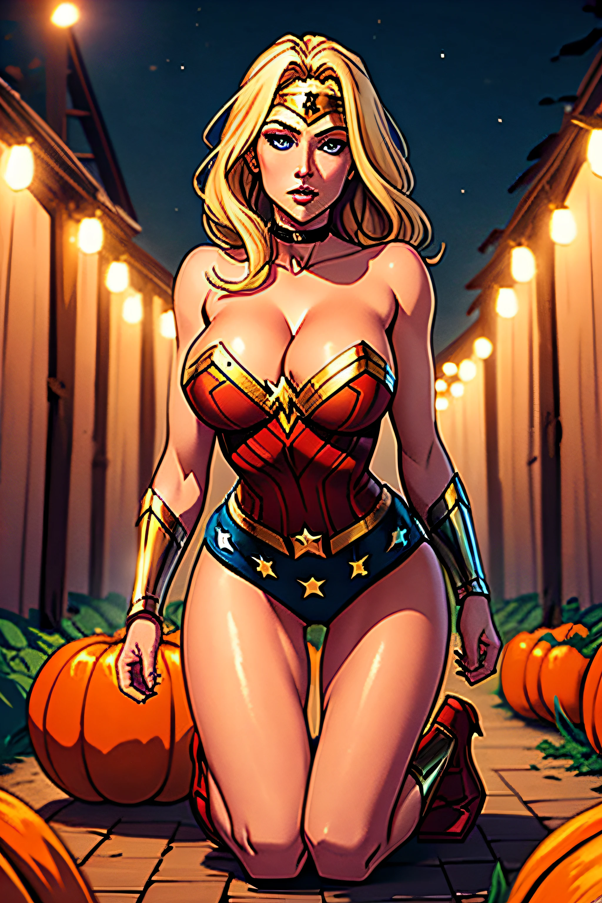 Buxom blonde Wonder Woman, blue eyes, cleavage, choker, on her knees inside a haunted pumpkin patch at night