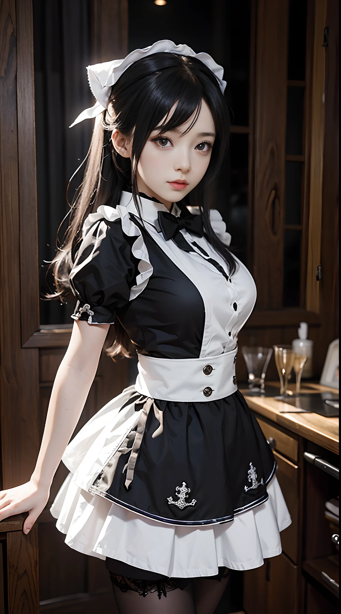 highest quality、8K、16k、masterpiece、realistic、Super detailed)、break, 23 year old Asian girl black hair ((Japanese maid:1.5)),(with ruffles_maid_dress:1.5),(Street Belts),(black stockings),(thighs:1.2)、

