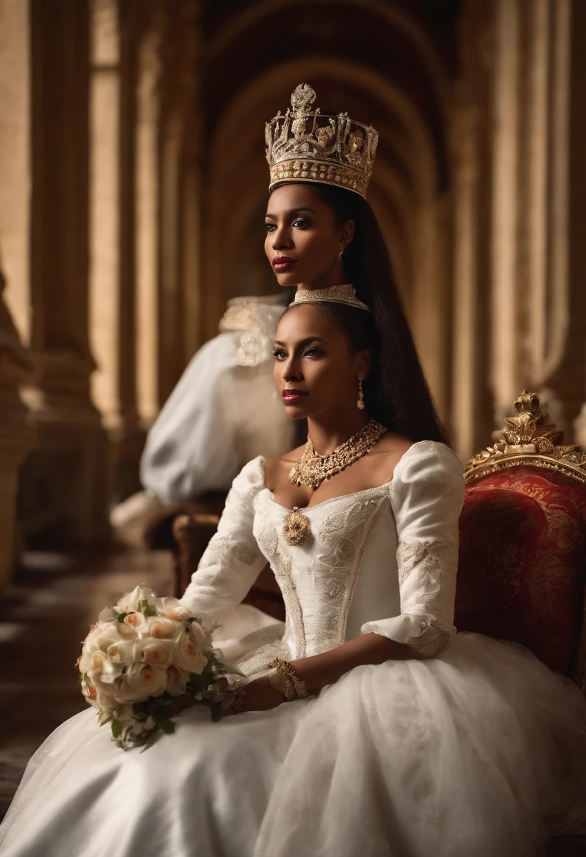 Visualize a dramatic scene where Blasian Queen Ranavalona III of Madagascar, in her castle on her knees, confronts French colonial soldiers. Soldiers should be depicted with white skin, dressed in French uniforms. The scene should look modern, as if it was photographed in our time, not like an old photo. The frame should clearly show that they are inside the queen's castle. No text on the image, please.