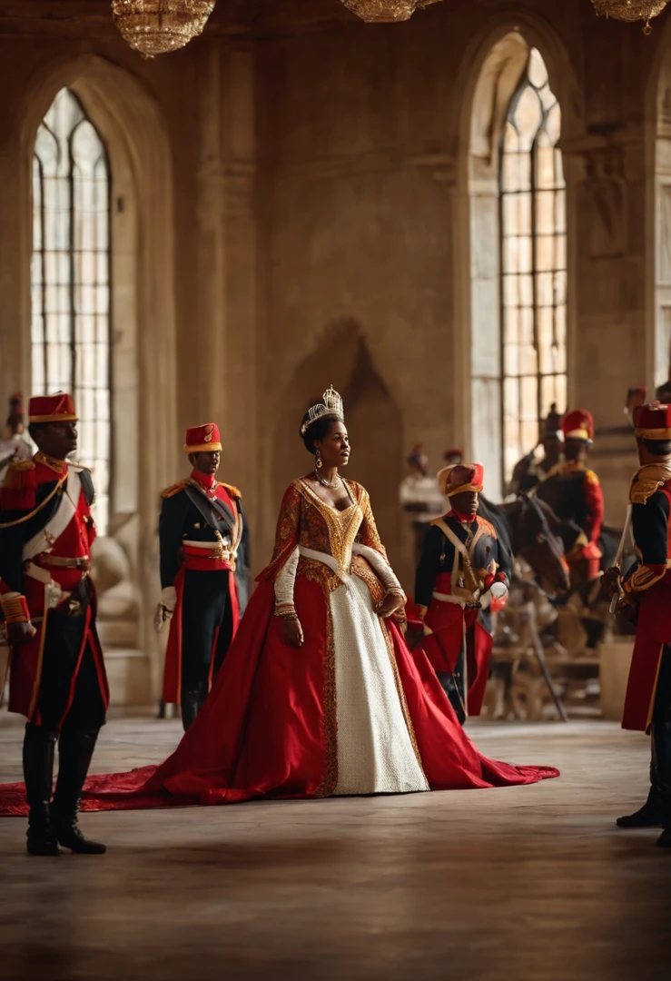 Visualize a dramatic scene where Blasian Queen Ranavalona III of Madagascar, in her castle on her knees, confronts French colonial soldiers. Soldiers should be depicted with white skin, dressed in French uniforms. The scene should look modern, as if it was photographed in our time, not like an old photo. The frame should clearly show that they are inside the queen's castle. No text on the image, please.