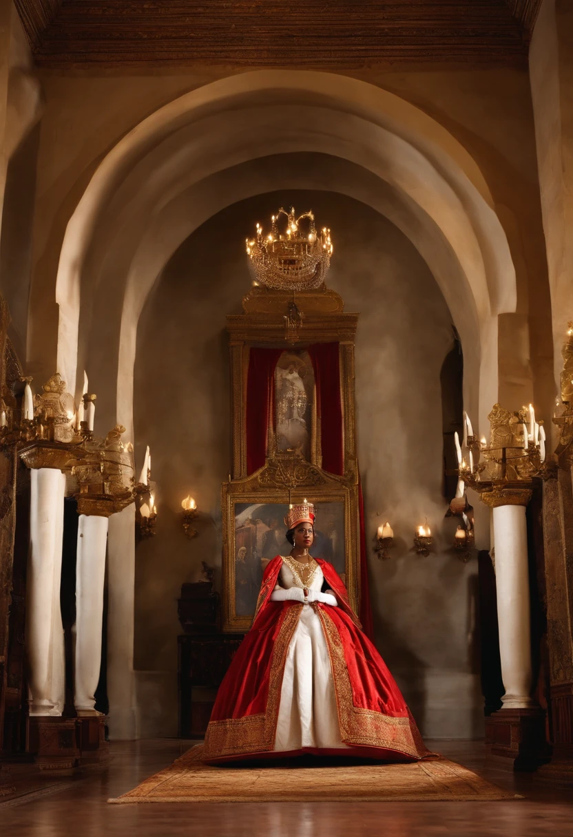 Visualize a dramatic scene where Blasian Queen Ranavalona III of Madagascar, in her castle on her knees, confronts French colonial soldiers. Soldiers should be depicted with white skin, dressed in French uniforms. The scene should look modern, as if it was photographed in our time, not like an old photo. The frame should clearly show that they are inside the queen's castle. No text on the image, please.