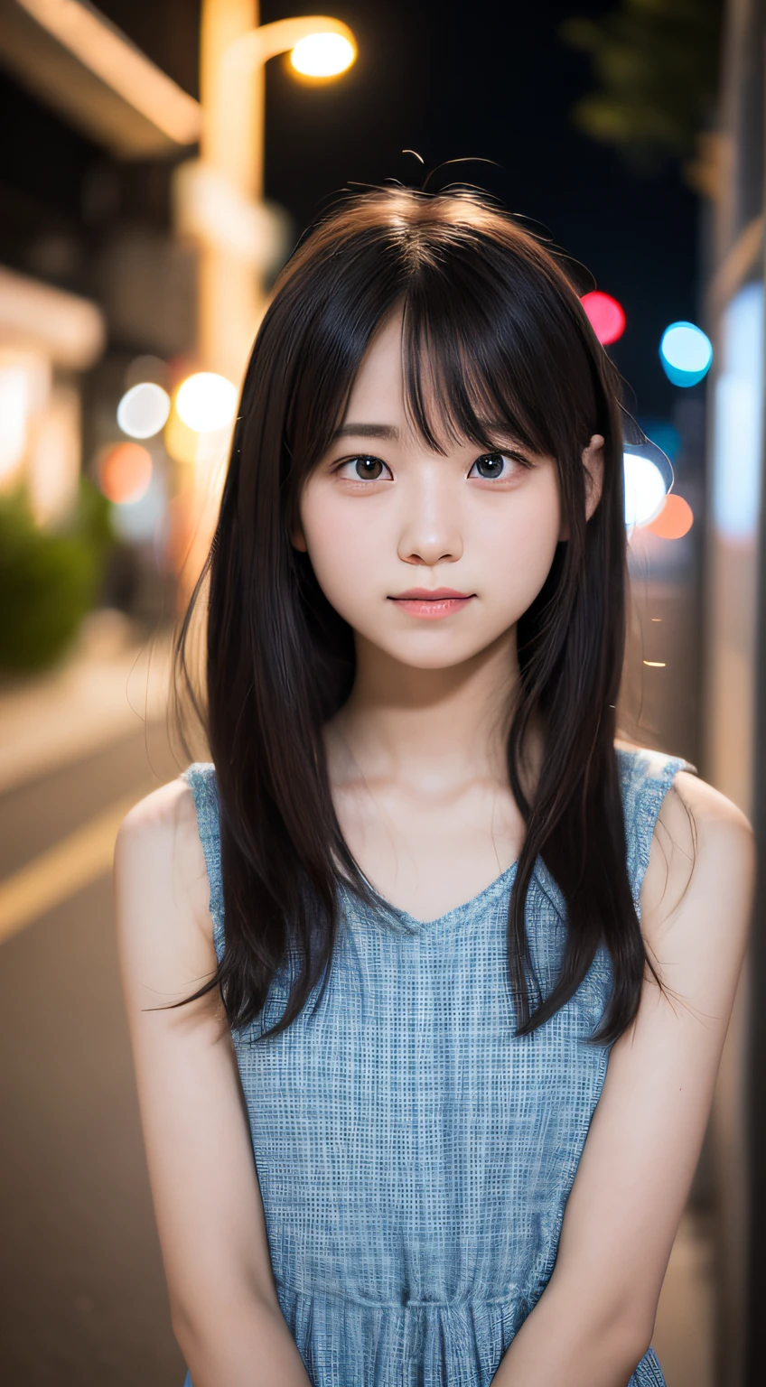 masutepiece, Best Quality, 8K, , Teen, Raw ph absurderes, award winning portrait, Solo, Night, neons, Idol face, violaceaess, gardeniass, Delicate girl, Upper body, Digital SLR, Looking at Viewer, Candid, Sophisticated, zora々Right, Smile, Thin arms, Professional Lighting, Film grain, chromatic abberation, (Eyes and faces with detailed:1.0), (Bokeh:1.1),