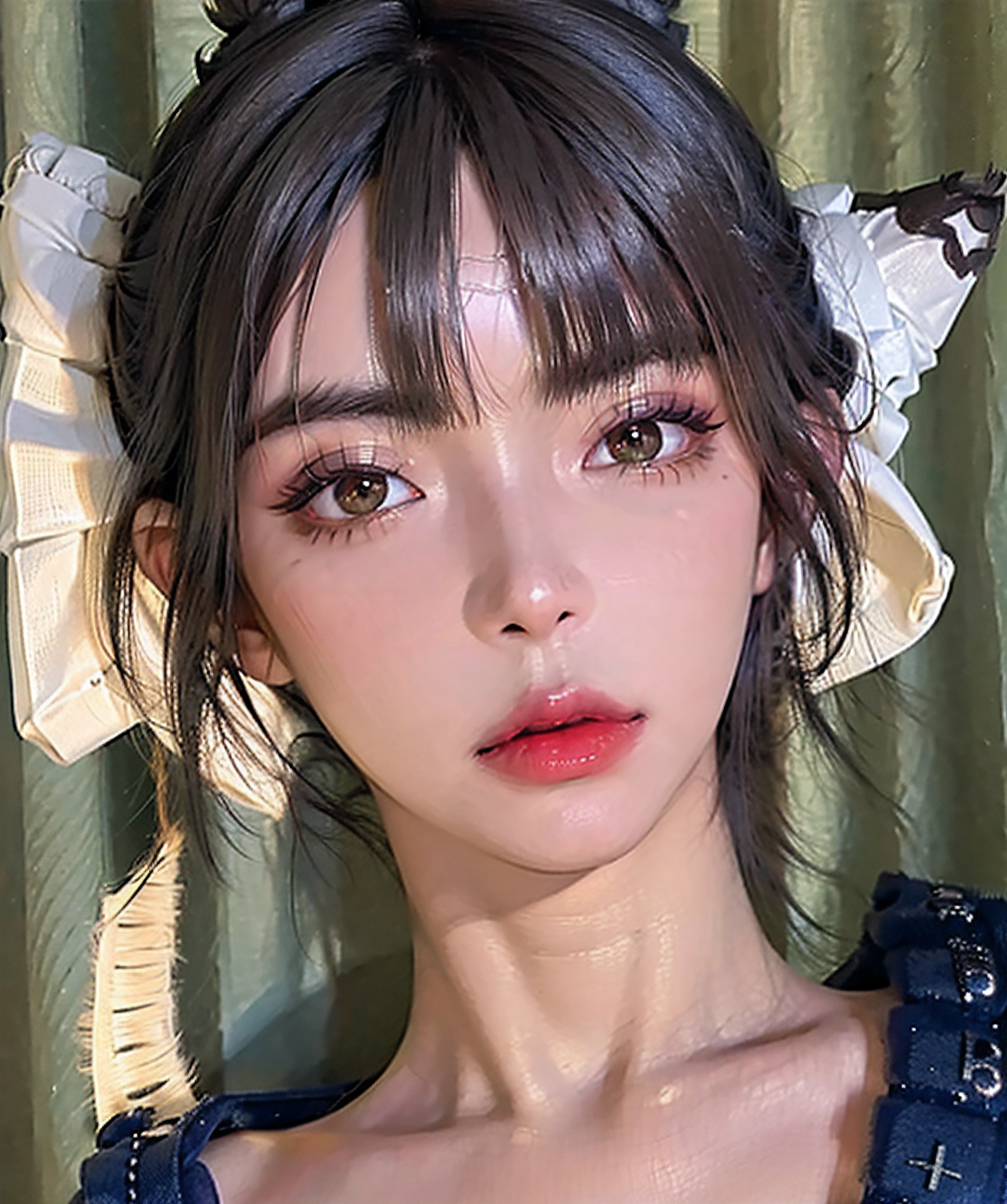 masterpiece, best quality, 8k, beautiful face, high detailed skin,hyper detailed,ultra high res, photorealistic, high resolution, ,lens flare, (Top knot bun:1.5),(same makeup for both eyes:1.5),perfect face,ralistic eyes, detailed lighting, detailed eyes,detailed skin, detailed shadows,ralistic skin,(opened mouth:1.02), (closed eyes:0.9),no make-up,,looking_at_viewer,upper body
