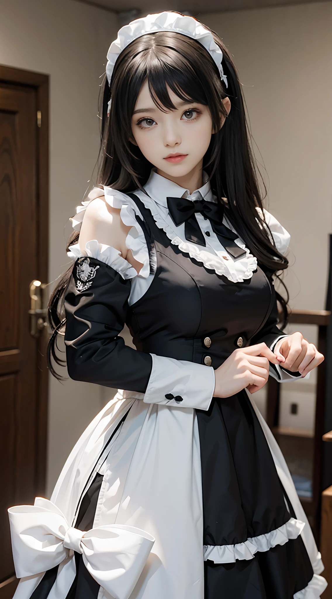 majicMIX Realistic, (Raw photo: 1.2), (Photorealistic: 1.4), beautiful detailed eyes, smile, twin tails, huge file size, super detail, high resolution, very detailed, top quality, masterpiece, illustration, very detailed, cg, unification, 8k wallpaper, detail, masterpiece, top quality, light on face, movie lighting, 16 year old girl 1, black dress, clothes lift, dress, dress lift, garter strap, gloves, , long sleeve, maid, maid headdress, neck ribbon, panties, ribbon, undergarment, white apron, white gloves,all fours