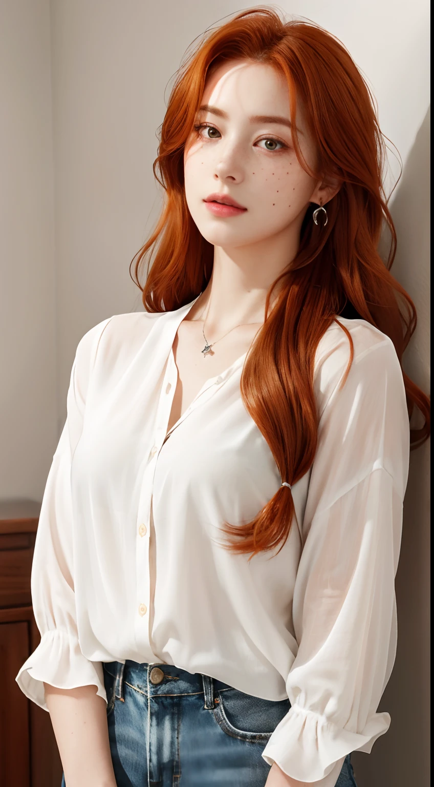 (8k, RAW photo, highest quality),(epic realistic:1.5), a girl, dynamic posture,erotic face, blouse,(detailed eyes:0.8),(looking at the camera:1.4), (highest quality), (best shadow),intricate details,cinematic,((skin:1.4)),interior, (long flowing ginger hair:1.3),dark studio,(hdr:1.5),detailed, muted colors, freckles, silver necklace, silver earring, long flowing wavy hair, smooth hair, hair down, hair pulled back