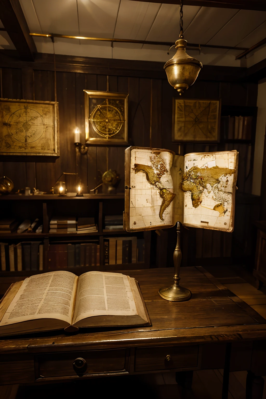 An old cartographer's studio housed in a dark wooden room, lit by a large stained glass window on the left. The stained glass window casts a multicolored glow on a large oak table, Where an unfinished world map is stretched. O mapa apresenta continentes e oceanos, But many regions are still empty or sketchy.
To the right of the table, There's a brass chandelier with candles almost at the end, that softly illuminate the space. Next to him, An antique compass and a pair of squares. Espalhadas pela mesa, tintas em potes pequenos, penas de escrever e rolinhos de pergaminho.
On the wall behind the desk, prateleiras cheias de pergaminhos enrolados, Antique Books & Measuring Instruments. Some old maps already complete hang from the wall, with gold accents and illustrations of mythical creatures in the oceans.
Ao fundo, um grande globo terrestre apoiado em uma base de madeira, com latitudes e longitudes gravadas, e com sinais de desgaste pelo tempo. Ao lado do globo, uma cadeira estofada antiga, where the cartographer would sit down to analyze their work.
This description can serve as inspiration for creating detailed artwork, Capturing the essence of the meticulous and mysterious work of cartography in ancient times.