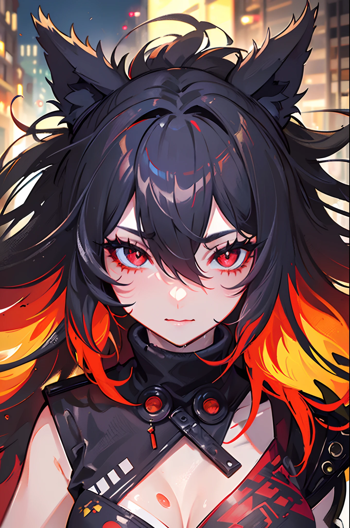 (Improved detail, hiquality), furry wolf, Average Breasts, walking through the city, (night time, vibrant lights, urban environment), (Dynamic Trimming, Fierce expression on his face, messy hair), (Bright Red Eyes, Detailed coverage), (Colorful spots, Wet streets), (Focus on the wolf's head), (Bright focus on the eyes).