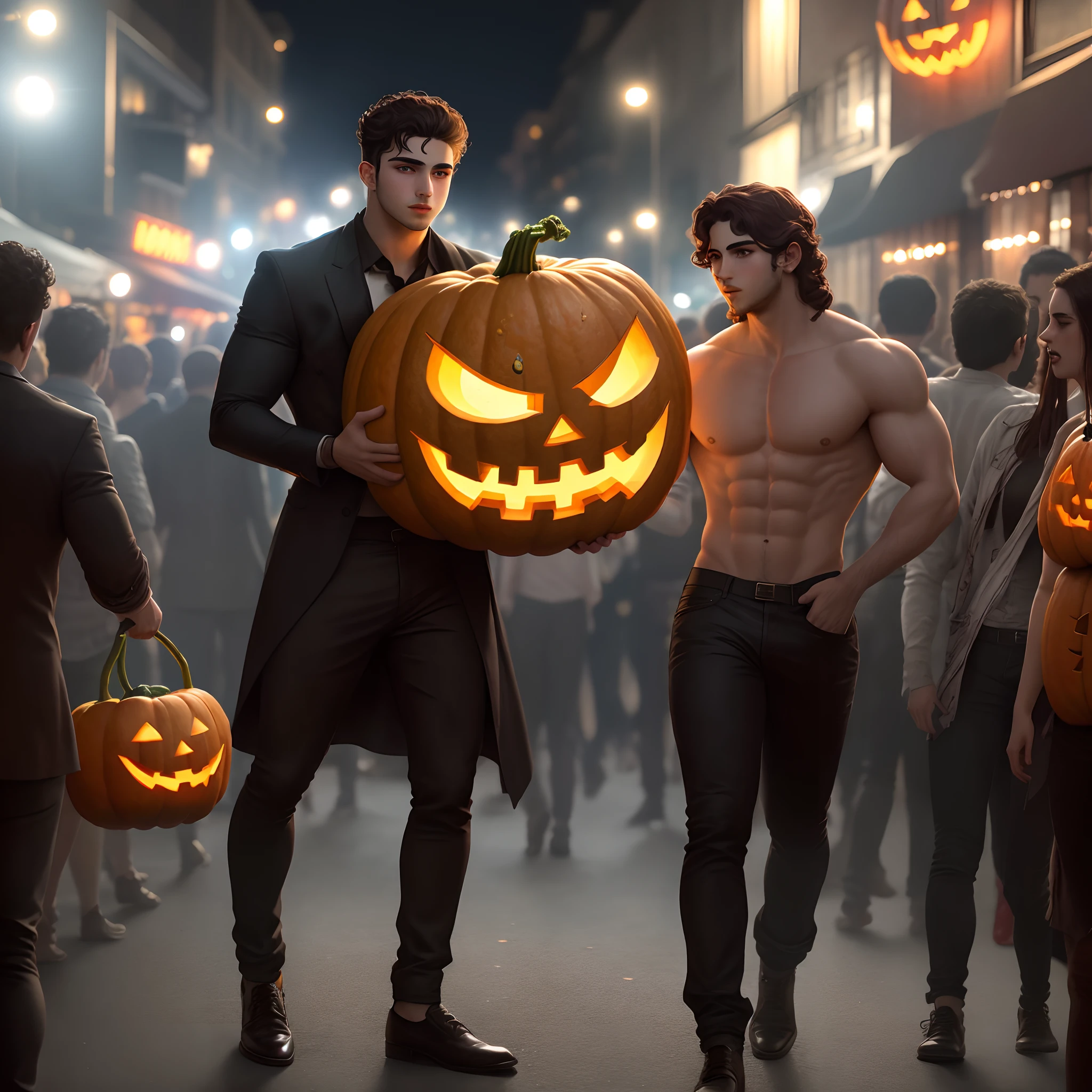 Full body view: young Dionysus Greek man muscular god holding a massive jackolantern, halloween party packed with people dark club at night time, high definition, dramatic lighting, blood