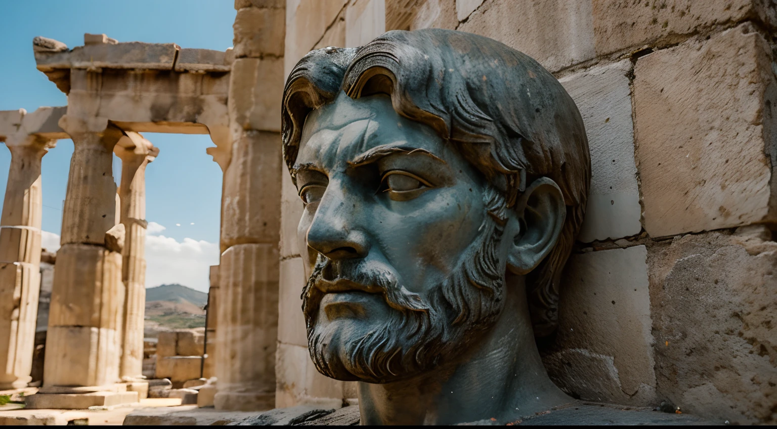 Ancient Stoic Statue With Very Angry Expression, tem barba, muitos detalhes em ambos os olhos, Outside, fundo atenas grego, open sky, com rosto extremamente detalhado full body view, Colors with low saturation with dark tone, Filmado em Sony A7S III com Sony FE 35mm f/1.8, 12.1 MP, --AR 3:2 --estilo cru