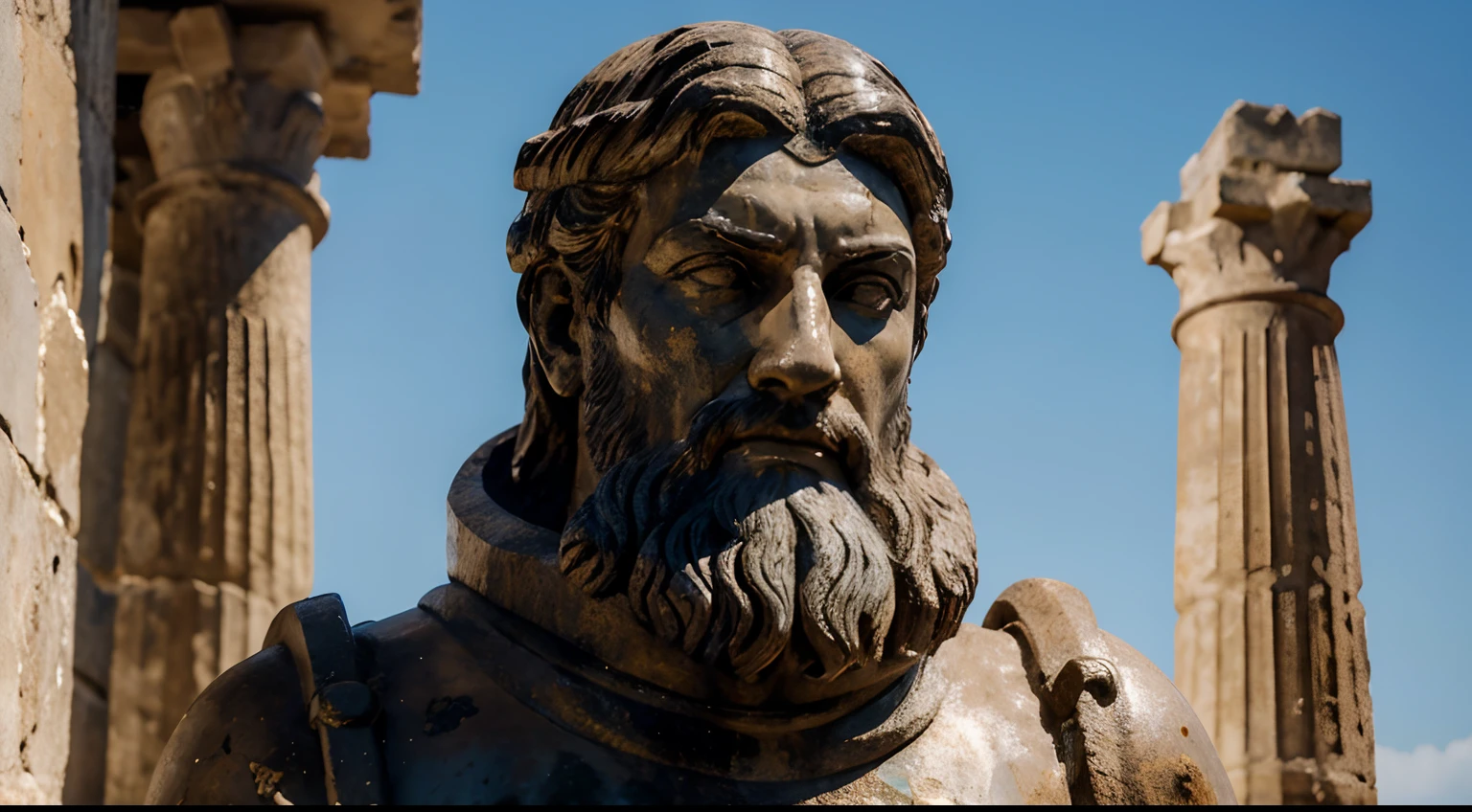 A white marble statue of a fort, Bearded man with a stern look in a dark square at night, no estilo romano
