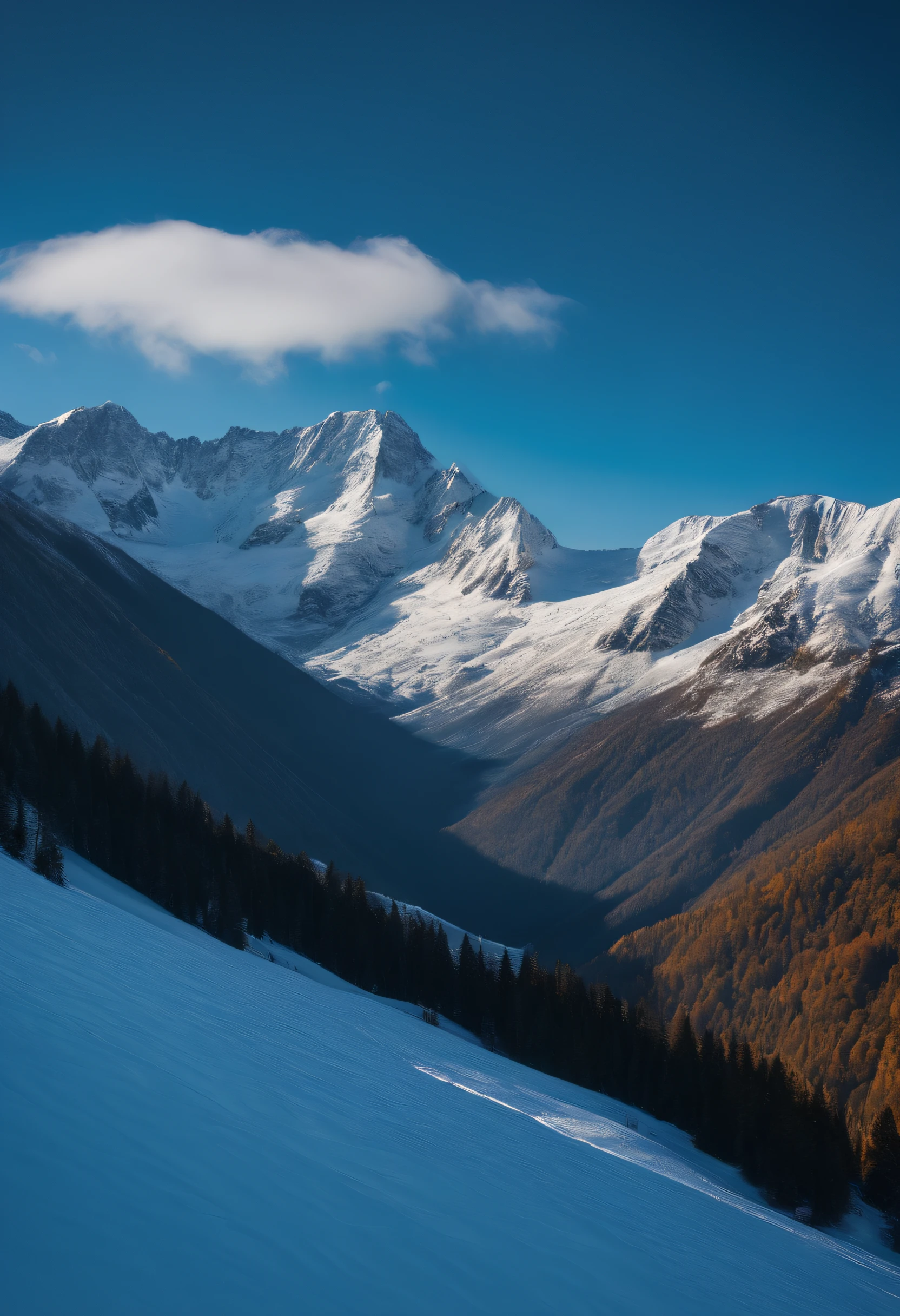 Drone photographs stunning snow-capped mountain tops,k hd,Blue sky