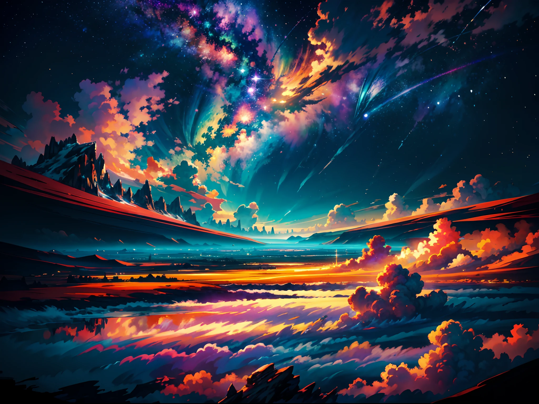 The image depicts breathtakingly otherworldly landscapes,It's just magical. It appears to be taken from high above the clouds, as the viewer is presented with a stunning panoramic view of the vast expanse of the sky. The stars twinkle,twinkle, creating a mesmerizing spectacle that is truly awe-inspiring. A colorful rainbow is also visible in the distance, adding a pop of vibrant hues to the otherwise serene and tranquil atmosphere. The sun shines brightly, casting a warm and welcoming glow over the entire scene. Overall, this image is a symphony of colors, Light, and beauty that transports the viewer to another world entirely.