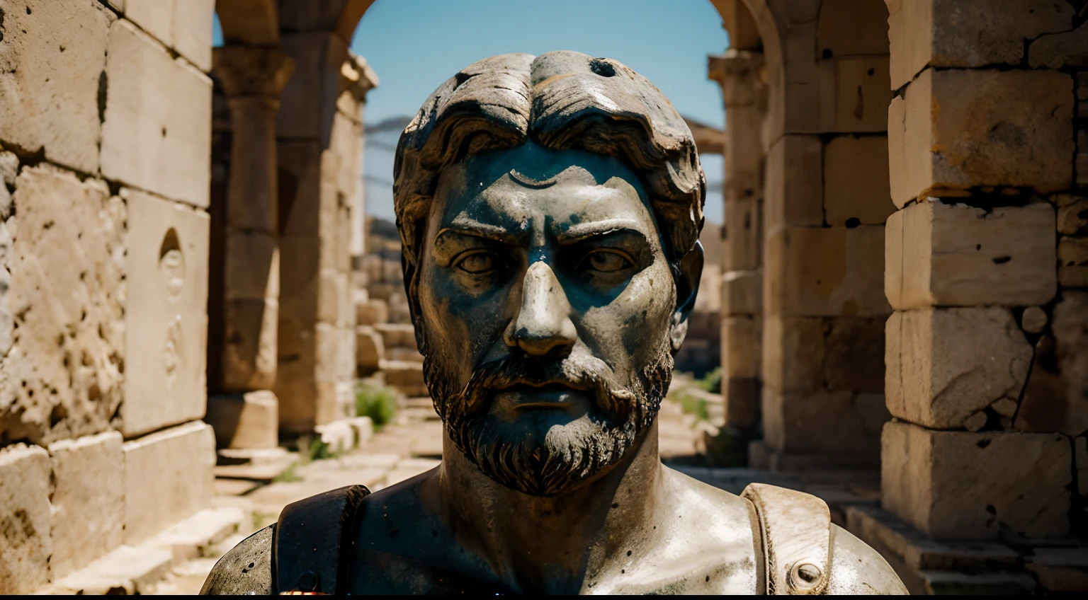 Ancient Stoic Statue With Very Angry Expression, tem barba, muitos detalhes em ambos os olhos, Outside, fundo atenas grego, open sky, com rosto extremamente detalhado full body view, Colors with low saturation with dark tone, Filmado em Sony A7S III com Sony FE 35mm f/1.8, 12.1 MP, --AR 3:2 --estilo cru