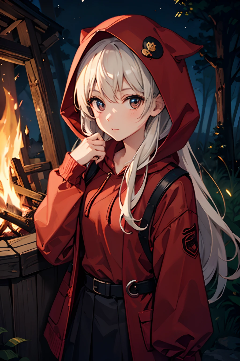 girl, red ridding hood, looking at the viewer, forest background, night time, bonfire