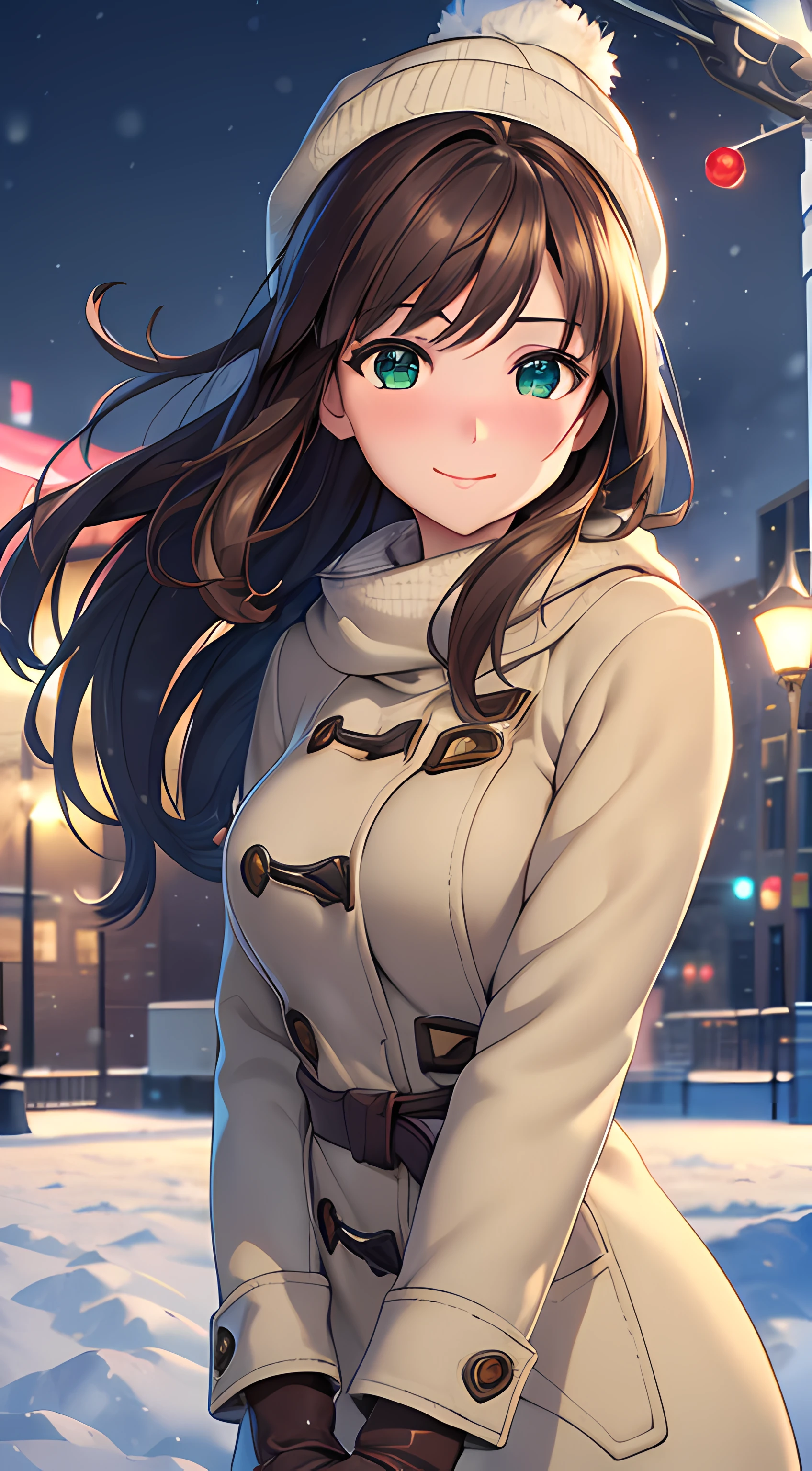 ((masterpiece, best quality, highres, UHD, perfect pixel, depth of field, 4k, RTX, HDR)), 1girl, single, solo, 24 years old, beautiful anime girl, beautiful artstyle, anime character, ((long hair, parted bangs, brown hair)), (green eyes:1.4, rounded eyes, beautiful eyelashes, realistic eyes), (detailed face, blushing:1.2), (smooth texture:0.75, realistic texture:0.65, photorealistic:1.2, cinematic, anime CG style), medium breasts, perfect body, busty, (dynamic angle, pov, close up), ((winter clothes, long coats, knit hat, mittens, gloves, long underwear)), night, city lights, bokeh:1.4, (outdoor, city buildings, crowd), ((winter, snowfall:1.8, the wind blows)), sly smile, graceful, prestigious, glorious, elegant