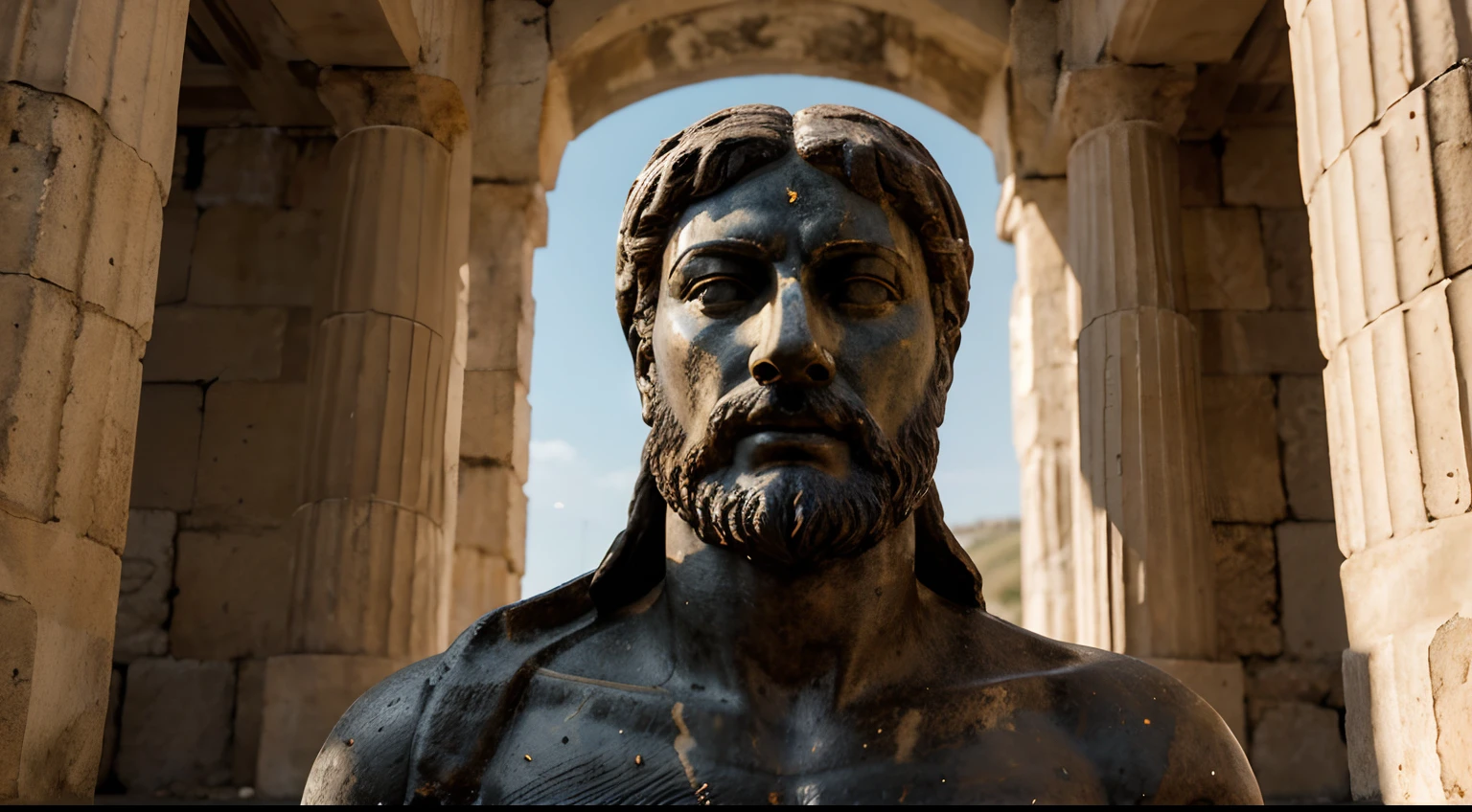 Ancient Stoic Statue With Very Angry Expression, tem barba, muitos detalhes em ambos os olhos, Outside, fundo atenas grego, open sky, com rosto extremamente detalhado full body view, Colors with low saturation with dark tone, Filmado em Sony A7S III com Sony FE 35mm f/1.8, 12.1 MP, --AR 3:2 --estilo cru