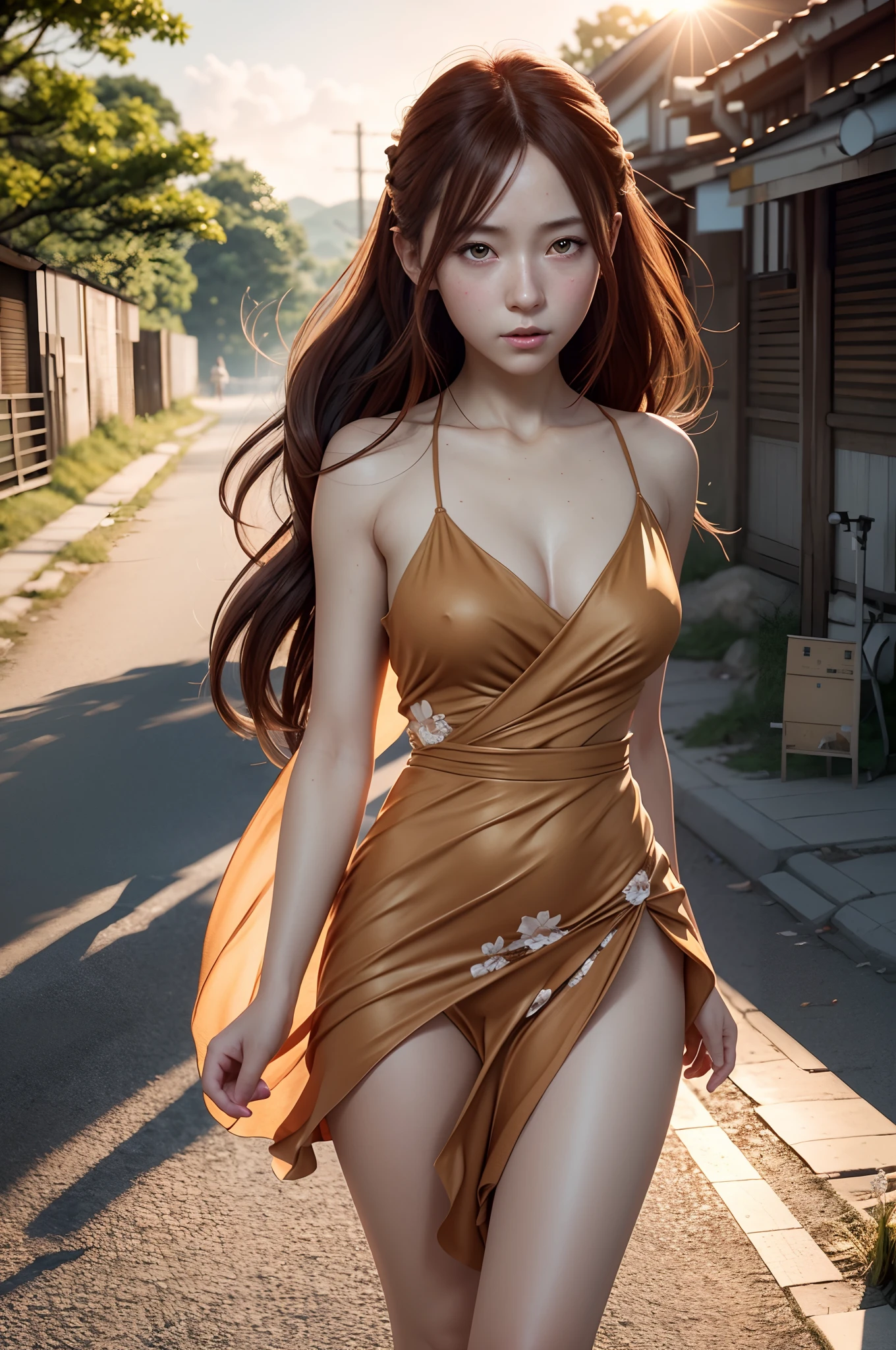 high quality, 8K Ultra HD, high detailed, A digital illustration of anime style, digital anime paintings of her, soft anime tones, Feels like Japanese anime, orange sunset, Detailed illustration of a beautiful woman walking along a road overlooking a river in a rural town, floral hair ornament, full body, Her hair is gently swaying in the breeze, and the sun is shining down on her, casting a warm glow on her skin, Brown dress with little skin exposure, a little smile, luminism, Albert Anker, Feeling like Albert Anker, Feeling like Kyoto Animation, Greg Rutkowski, Artgerm, WLOP, Alphonse Beeple, 3d render, octane render, Isometric, by yukisakura, awesome full color,