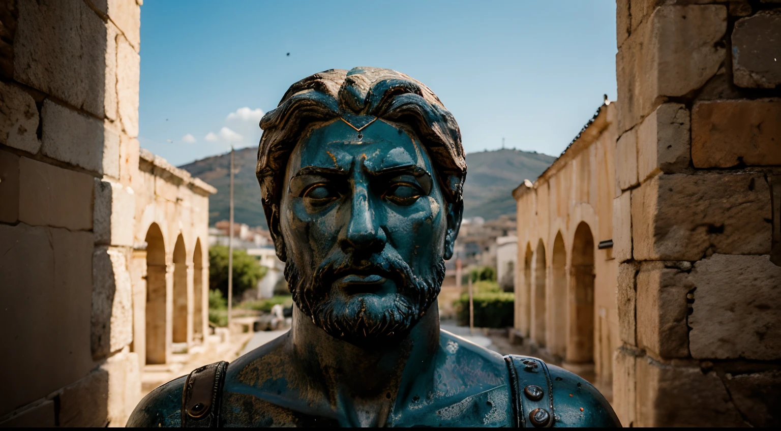 Ancient Stoic Statue With Very Angry Expression, tem barba, muitos detalhes em ambos os olhos, Outside, fundo atenas grego, open sky, com rosto extremamente detalhado full body view, Colors with low saturation with dark tone, Filmado em Sony A7S III com Sony FE 35mm f/1.8, 12.1 MP, --AR 3:2 --estilo cru