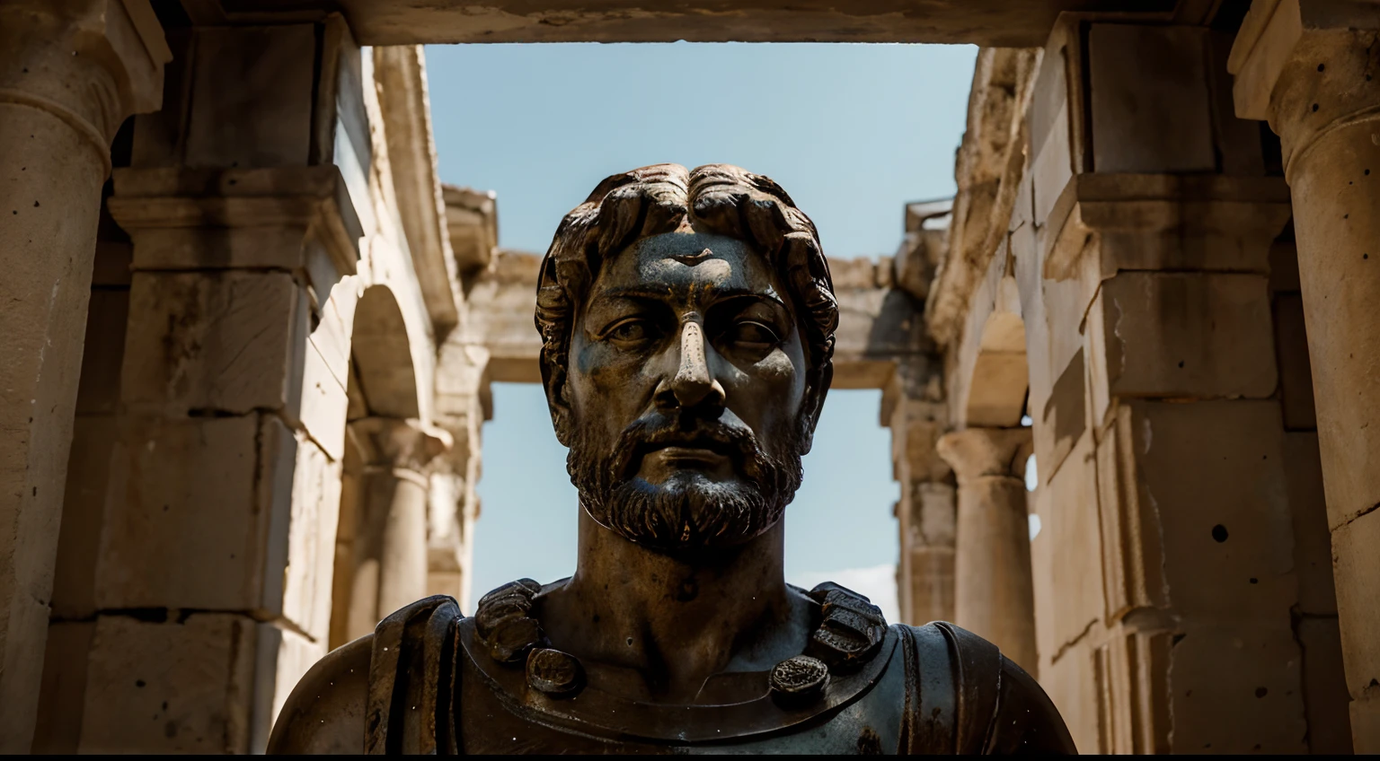 Ancient Stoic Statue With Very Angry Expression, tem barba, muitos detalhes em ambos os olhos, Outside, fundo atenas grego, open sky, com rosto extremamente detalhado full body view, Colors with low saturation with dark tone, Filmado em Sony A7S III com Sony FE 35mm f/1.8, 12.1 MP, --AR 3:2 --estilo cru
