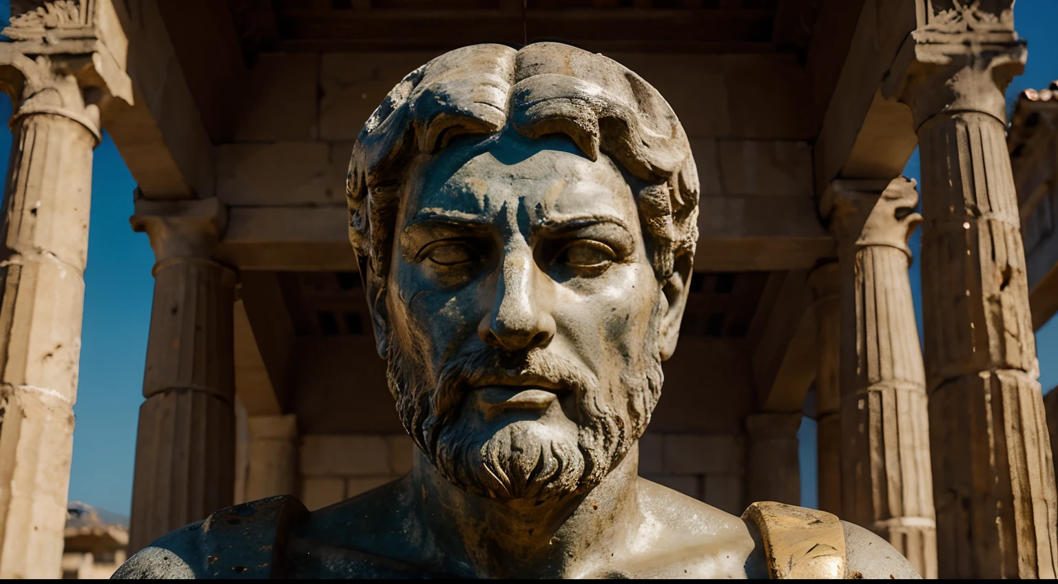 Ancient Stoic Statue With Very Angry Expression, tem barba, muitos detalhes em ambos os olhos, Outside, fundo atenas grego, open sky, com rosto extremamente detalhado full body view, Colors with low saturation with dark tone, Filmado em Sony A7S III com Sony FE 35mm f/1.8, 12.1 MP, --AR 3:2 --estilo cru