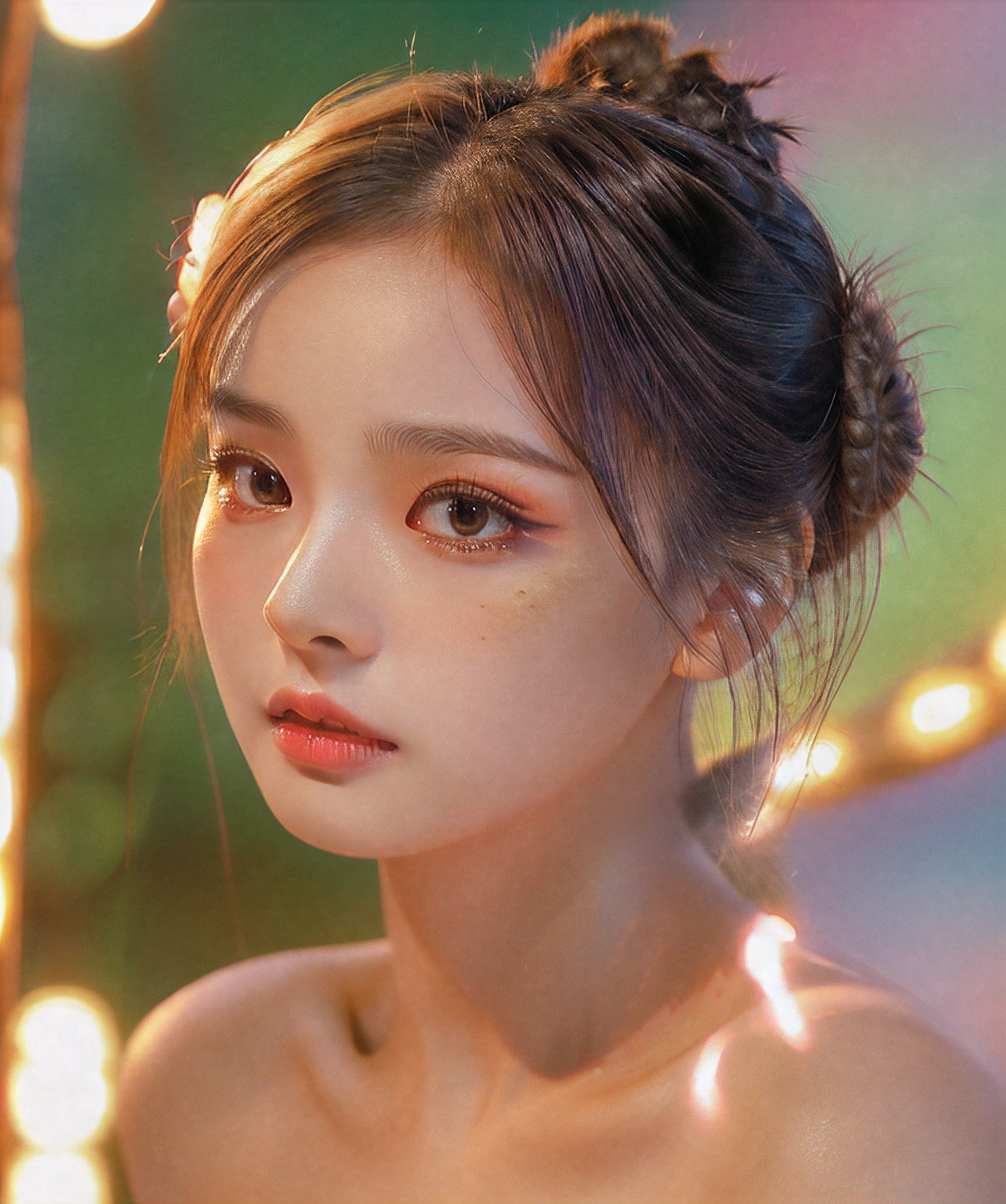 masterpiece, best quality, 8k, beautiful face, high detailed skin,hyper detailed,ultra high res, photorealistic, high resolution, ,lens flare, (Top knot bun:1.5),(same makeup for both eyes:1.5),perfect face,ralistic eyes, detailed lighting, detailed eyes,detailed skin, detailed shadows,ralistic skin,(opened mouth:1.02), (closed eyes:0.9),no make-up,,looking_at_viewer,upper body