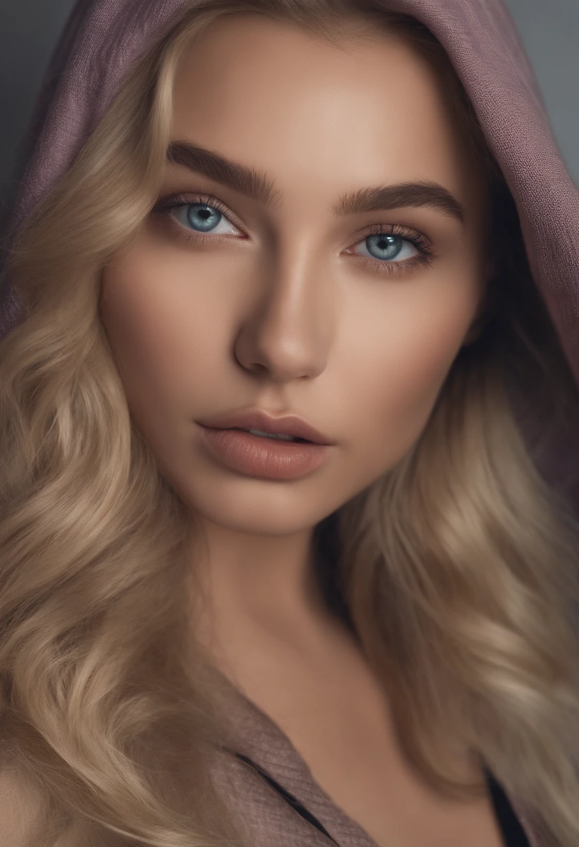 Arafed woman completely , fille aux yeux bleus, ultra realist, Meticulously detailed, Portrait Sophie Mudd, Blonde hair and serious rrefard, photo de face, Yeux de chambre, Violet Myers, sans maquillage, maquillage naturel, looking straight at camera, Visage avec Artgram, Maquillage subtil, grandes hanches, Very large bust, dans la chambre, dressed in sportswear