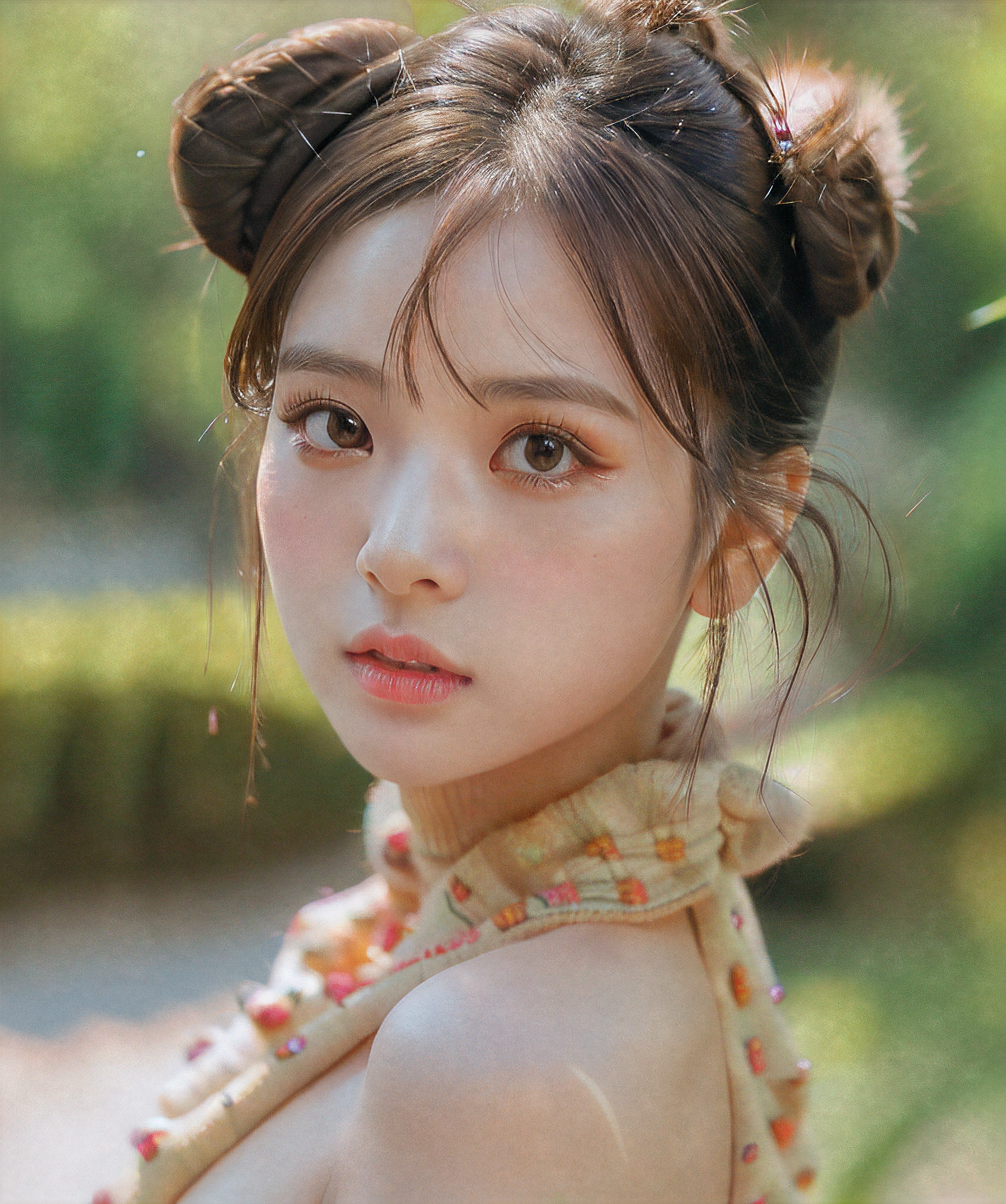 masterpiece, best quality, 8k, beautiful face, high detailed skin,hyper detailed,ultra high res, photorealistic, high resolution, ,lens flare, (Top knot bun:1.5),(same makeup for both eyes:1.5),perfect face,ralistic eyes, detailed lighting, detailed eyes,detailed skin, detailed shadows,ralistic skin,(opened mouth:1.02), (closed eyes:0.9),no make-up,,looking_at_viewer,upper body