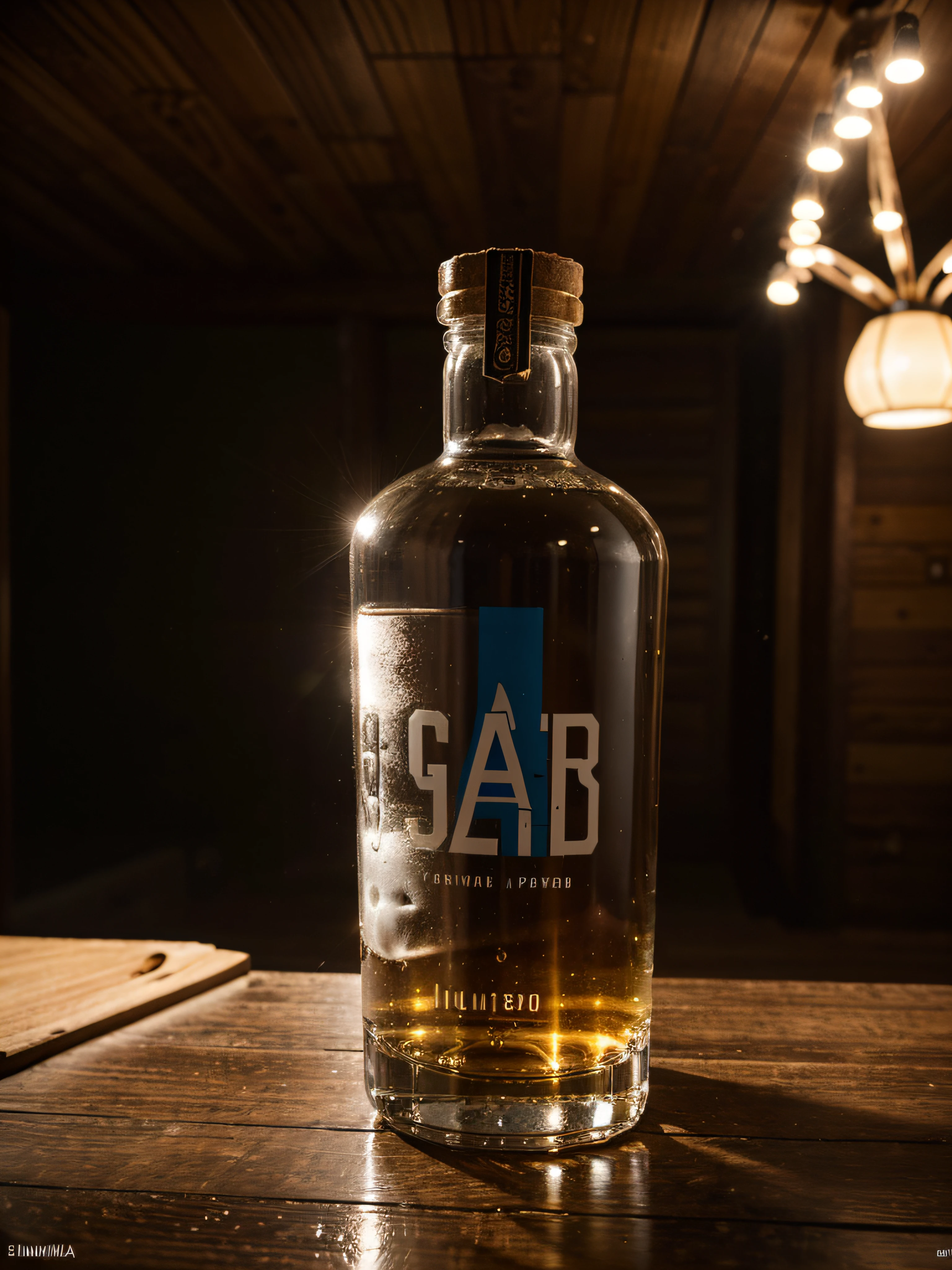 obra prima de uma garrafa de vodka, em uma superficie obra-prima de uma garrafa de vodka, on a lush wooden surface, Realistic photo, Epic composition, advertising scene, iluminado com 3 pontos de luz, fotografado com PhaseOne IQ180, com uma lente de 24mm, Hero Shooting Display, cinematic color grading, Dynamic footwear --AR 3:4 --s 1000 --upbeta -- estilo cru