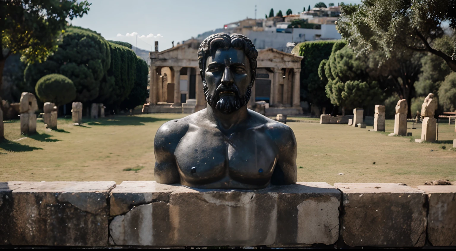 Ancient Stoic Statue With Very Angry Expression, tem barba, muitos detalhes em ambos os olhos, Outside, fundo atenas grego, open sky, com rosto extremamente detalhado full body view, Colors with low saturation with dark tone, Filmado em Sony A7S III com Sony FE 35mm f/1.8, 12.1 MP, --AR 3:2 --estilo cru