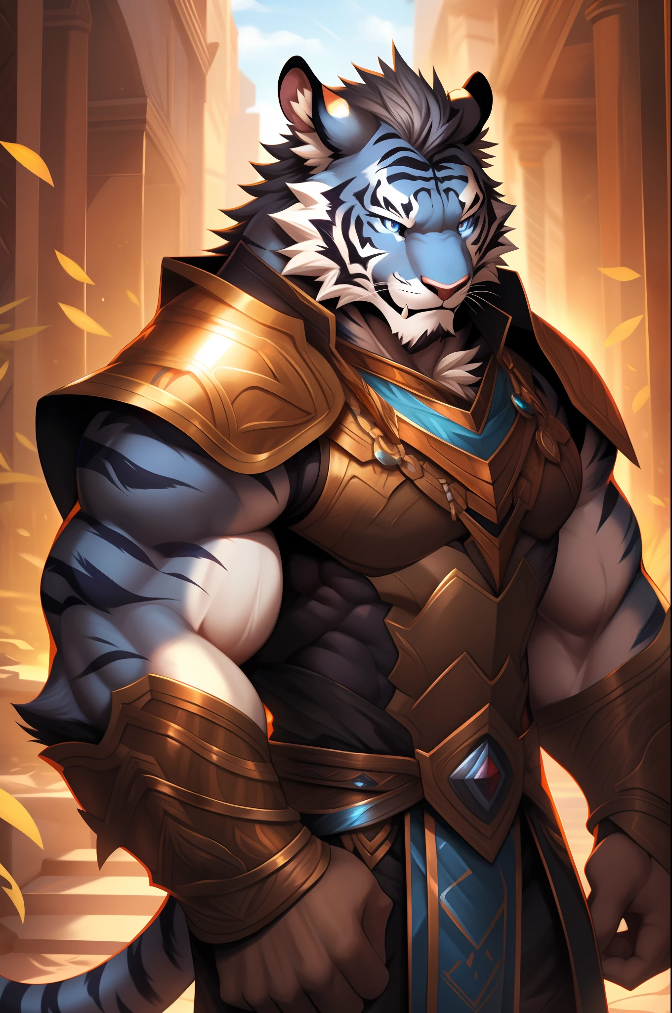 Two-dimensional tiger orcs，Adult tigers，The standard body of a tiger，The highest appearance，Highest image quality，blue color eyes，Look to the right，Tiger Tooth，best qualtiy，tmasterpiece，Textured skin，romanticism lain，Cinematic lighting effects，Ray traching，beautiful pupil，Diamond-shaped pupils，Eyes resolute，Gray hair，one sword, Silas, Extremely detailed Artgerm, caleb from critical role, commission for high resolution, warwick saint, Artgerm on ArtStation Pixiv, nasus, casimir art, trends in art station, raziel irl, djinn human hybrid，Wear knightly armor，