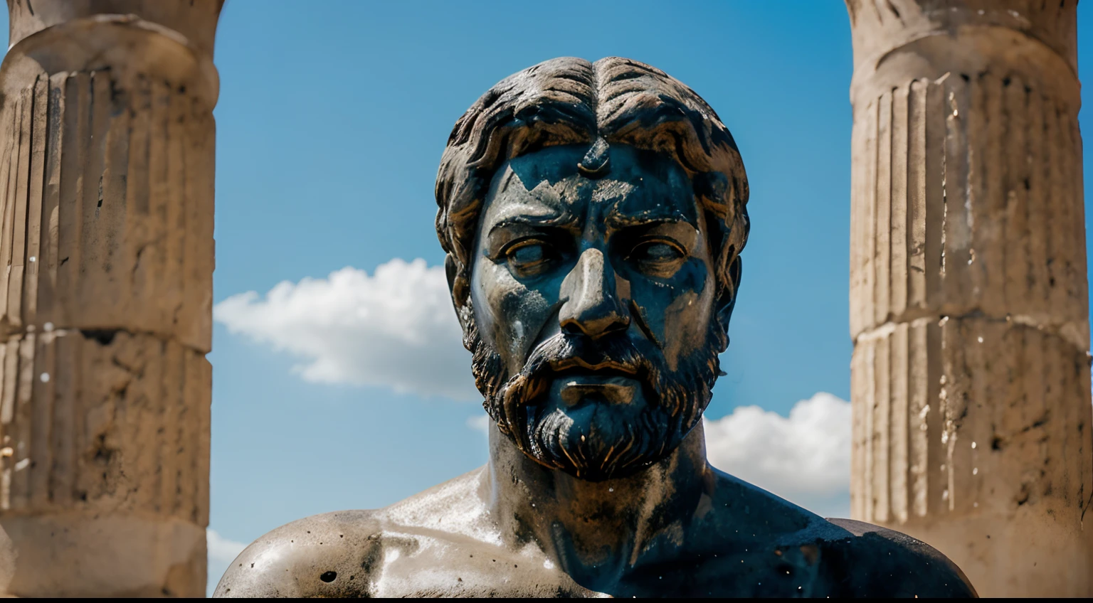 Ancient Stoic Statue With Very Angry Expression, tem barba, muitos detalhes em ambos os olhos, Outside, fundo atenas grego, open sky, com rosto extremamente detalhado full body view, Colors with low saturation with dark tone, Filmado em Sony A7S III com Sony FE 35mm f/1.8, 12.1 MP, --AR 3:2 --estilo cru