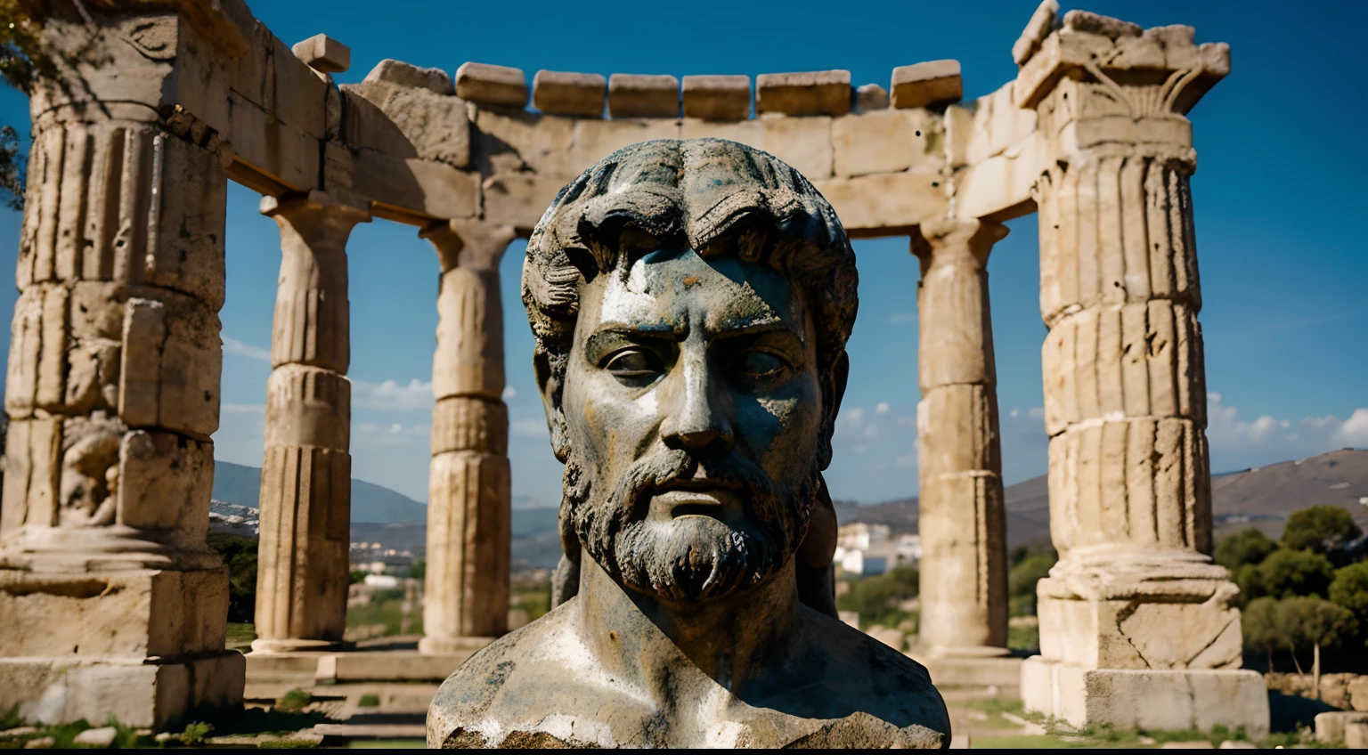 Ancient Stoic Statue With Very Angry Expression, tem barba, muitos detalhes em ambos os olhos, Outside, fundo atenas grego, open sky, com rosto extremamente detalhado full body view, Colors with low saturation with dark tone, Filmado em Sony A7S III com Sony FE 35mm f/1.8, 12.1 MP, --AR 3:2 --estilo cru