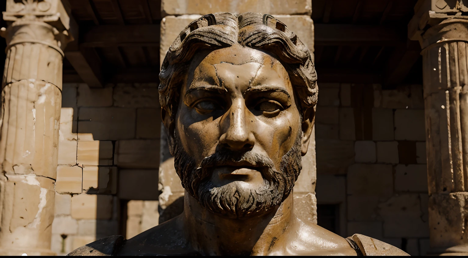 Ancient Stoic Statue With Very Angry Expression, tem barba, muitos detalhes em ambos os olhos, Outside, fundo atenas grego, open sky, com rosto extremamente detalhado full body view, Colors with low saturation with dark tone, Filmado em Sony A7S III com Sony FE 35mm f/1.8, 12.1 MP, --AR 3:2 --estilo cru
