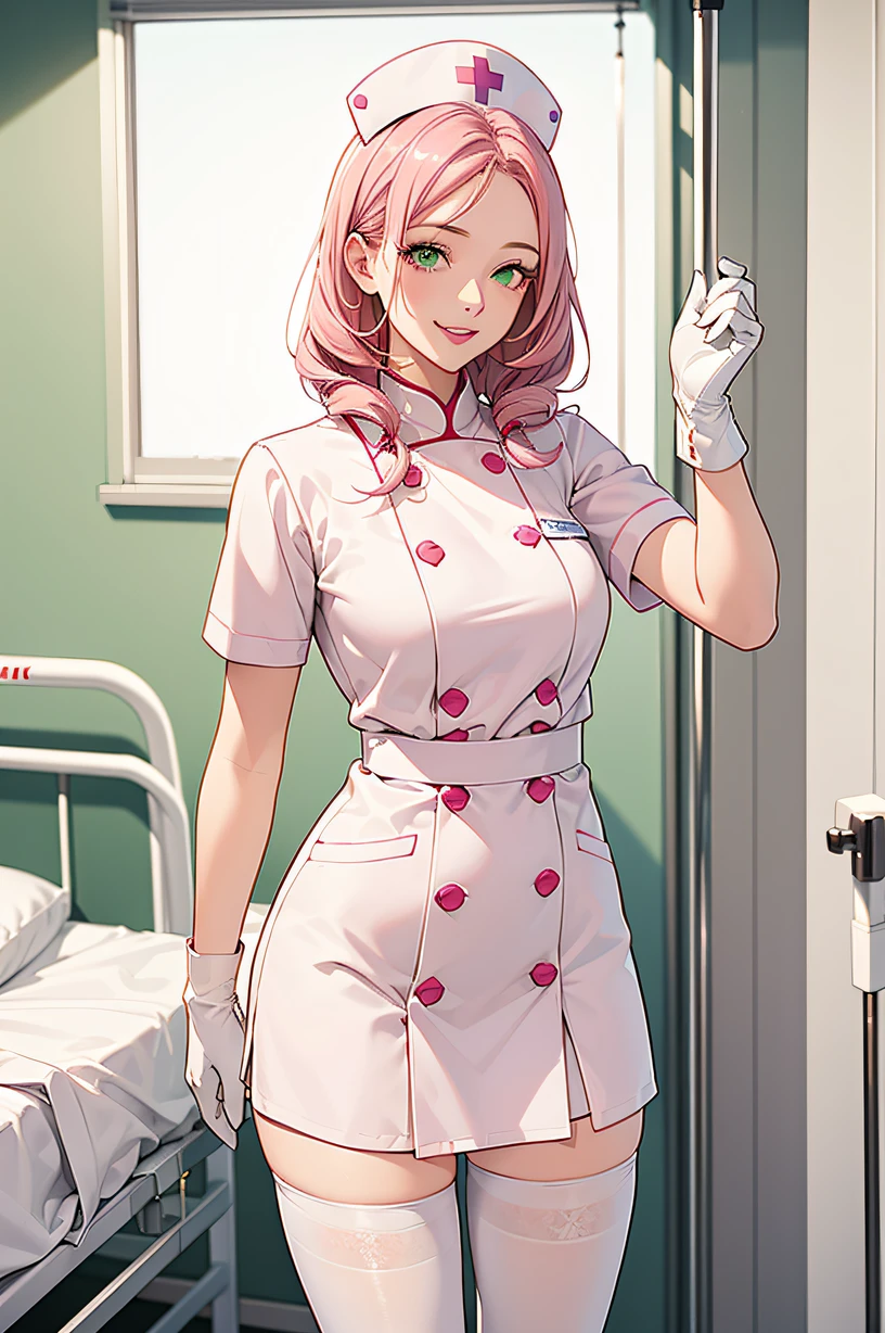 1woman, solo, nurse, nurse cap, white wear, ((white legwear, zettai ryouiki)), white gloves, pink hair, green eyes, drooping eyes, pink lips, smile, standing, ((hospital room)), sharp outline, short sleeves, mature female, 32 years old, best quality, masterpiece