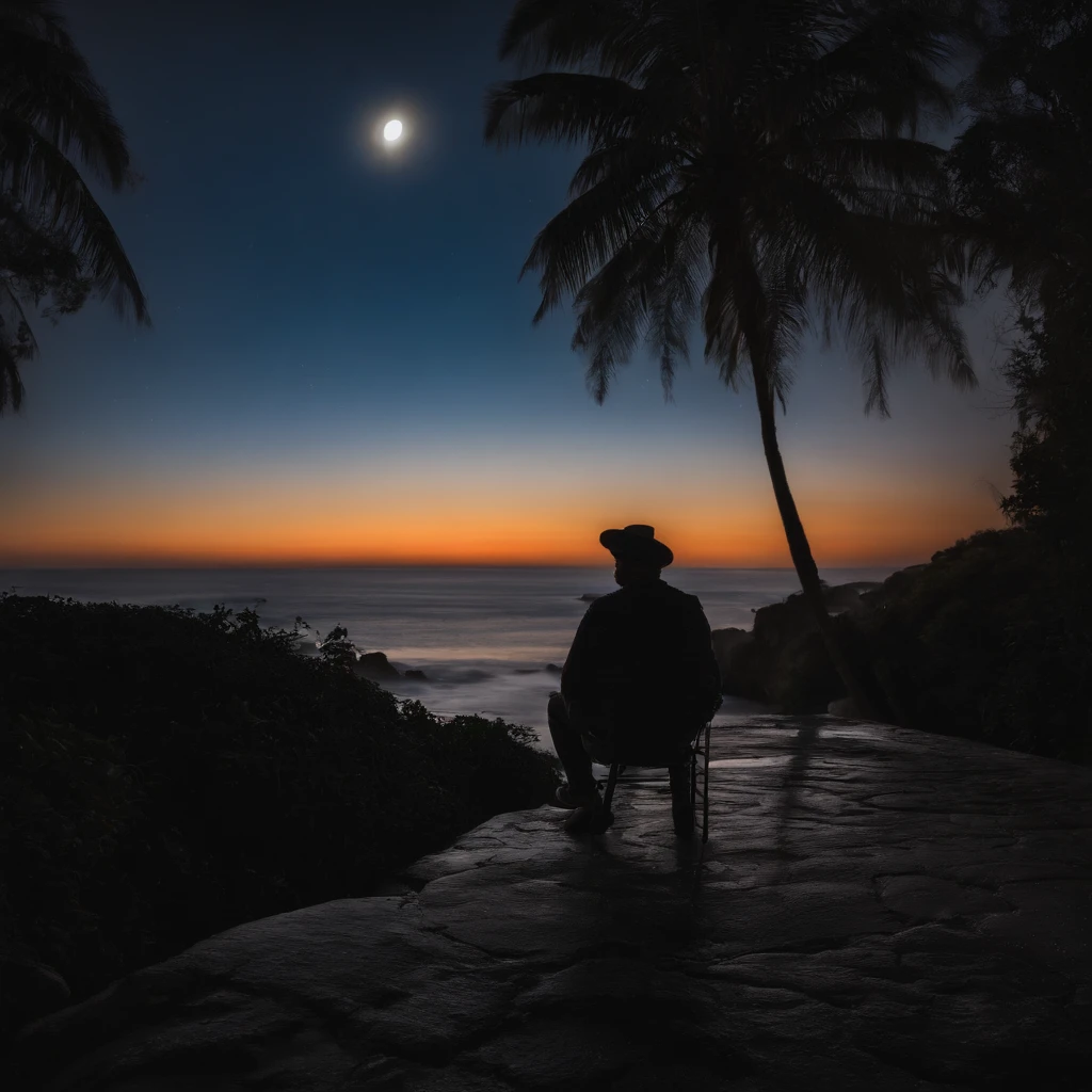 silhueta de em frente ao mar de noite, sentado em um pequeno muro de pedra com a luz da lua, good ilumination, mar bonito, water reflection, 4k, 8k, Sky detailed with beautiful colors, lua detalhada, imagem super detalhada, HD, cores bonitas, sentado numa rocha flutuante