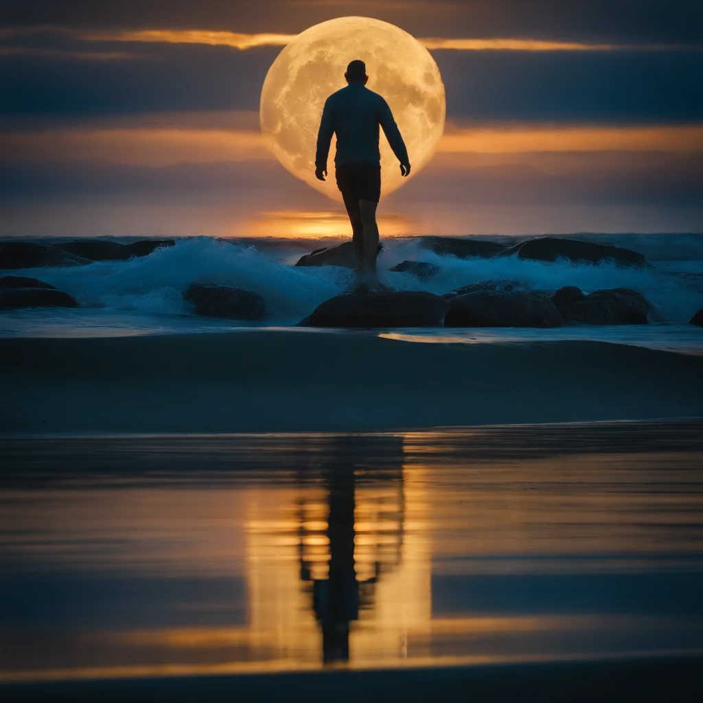 silhueta de  em frente ao mar de noite, sentado em um pequeno muro de pedra com a luz da lua, good ilumination, mar bonito, water reflection, 4k, 8k, Sky detailed with beautiful colors, lua detalhada, imagem super detalhada, HD, cores bonitas, sentado numa rocha flutuante