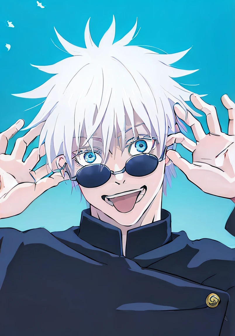 Close up portrait of a person with white hair and sunglasses, tall anime man with blue eyes, Ken Kaneki, kaneki ken, Killua Zoldyck, killua zoldyck black hair, official anime still, with index finger, white  hair, White-haired, white hair floating in air, Portrait of Killua Zoldyck