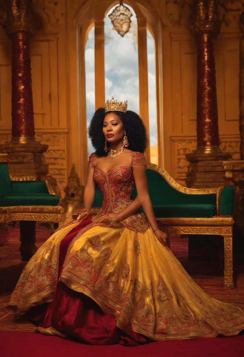 Visualize a dramatic scene where Queen Blasian Ranavalona III of Madagascar, in his castle on his knees, pleurs. Surrounded by guard